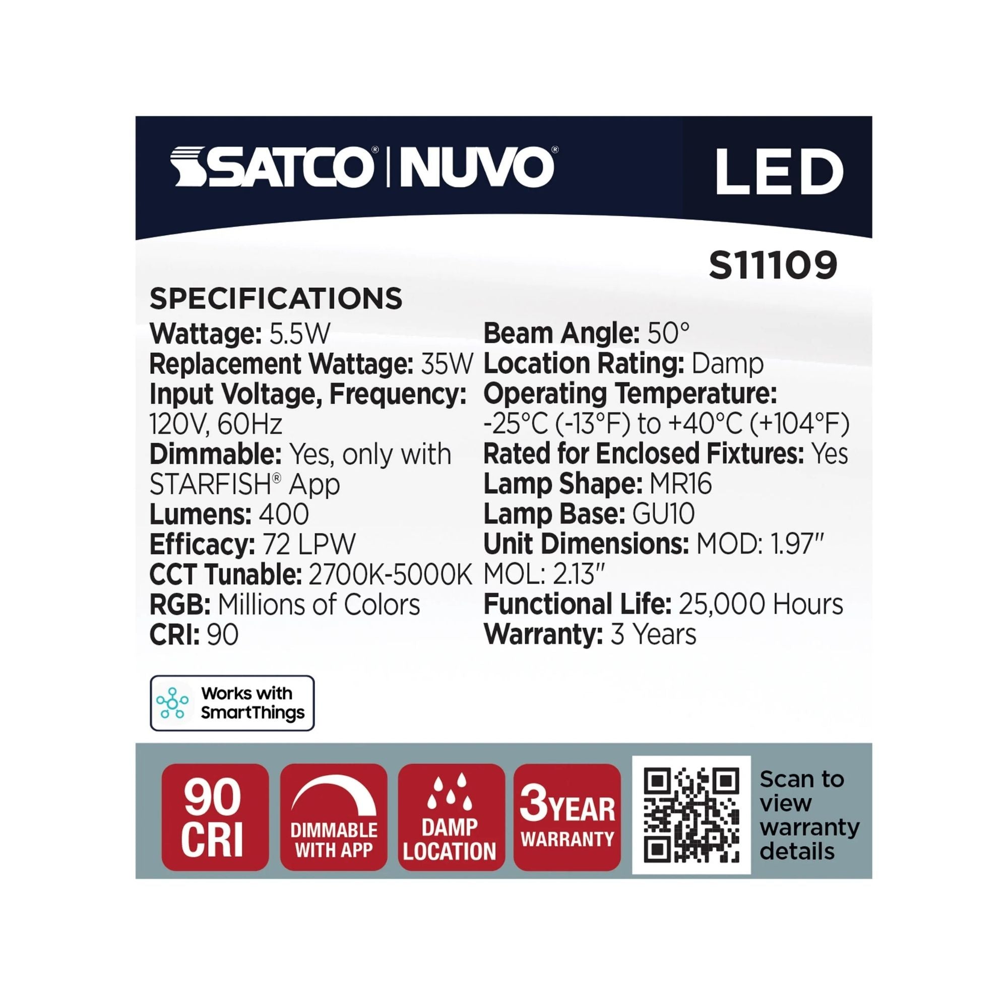 Starfish MR16 Wi-Fi Smart LED Bulb, 6W, 400 Lm, 27K-50K RGBTW, GU10 Base, 120V