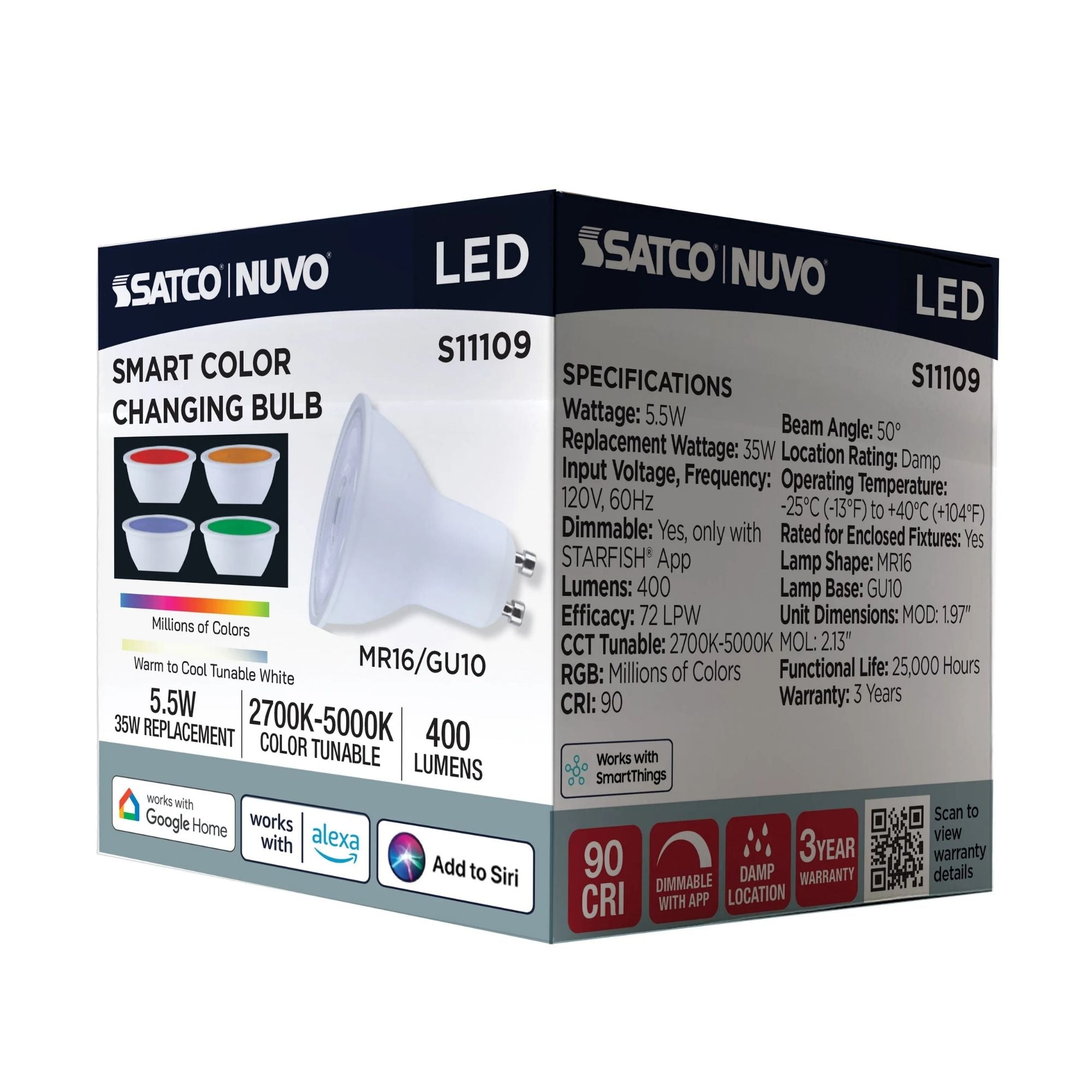 Starfish MR16 Wi-Fi Smart LED Bulb, 6W, 400 Lm, 27K-50K RGBTW, GU10 Base, 120V