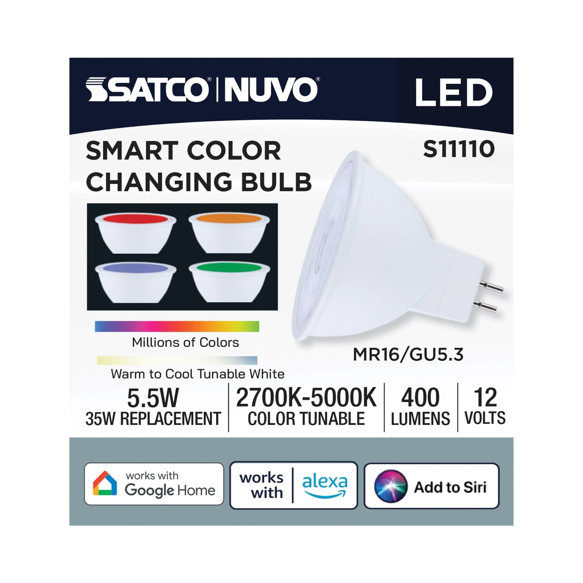 Starfish MR16 Wi-Fi Smart LED Bulb, 6W, 400 Lm, 27K-50K RGBTW, GU5.3 Base, 12V