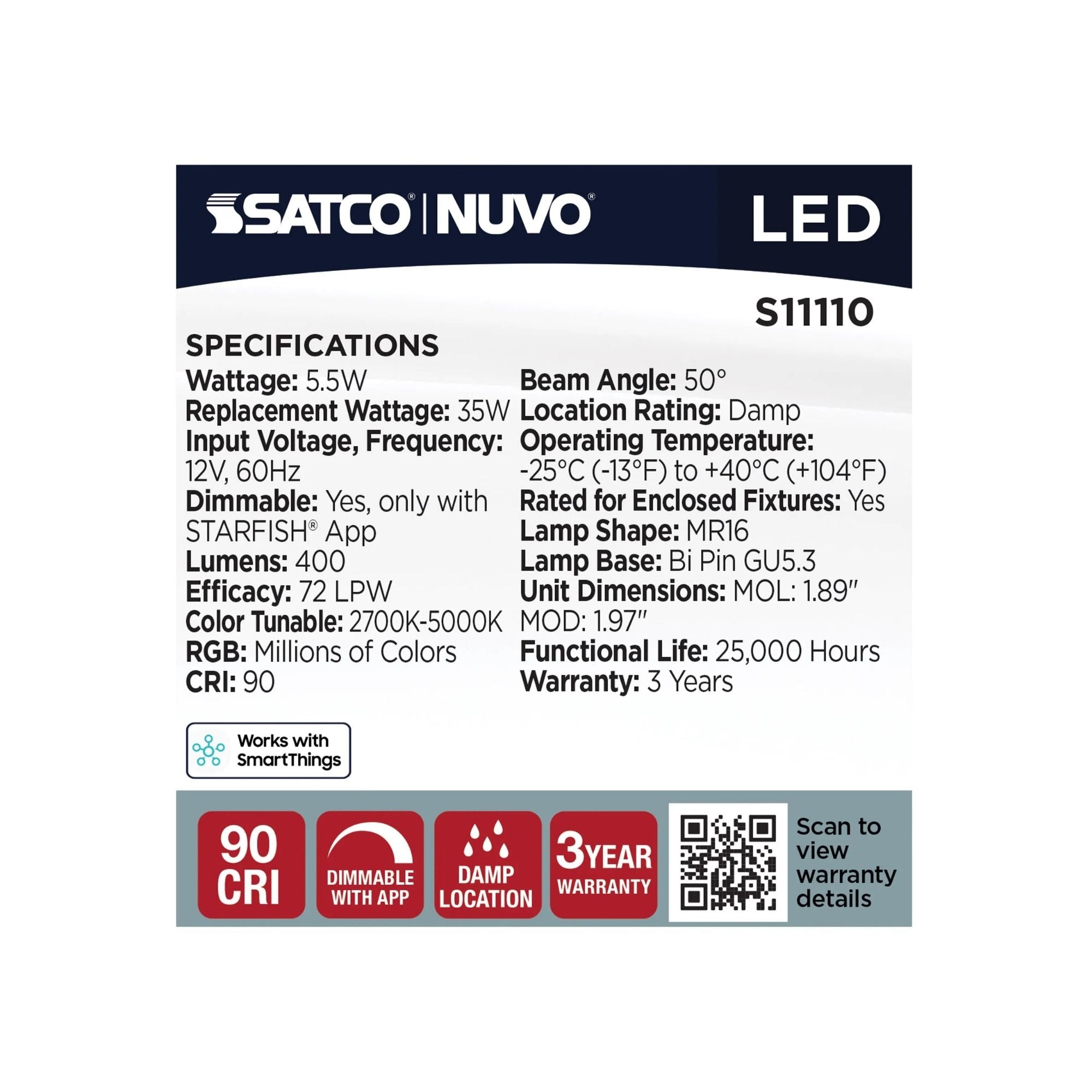 Starfish MR16 Wi-Fi Smart LED Bulb, 6W, 400 Lm, 27K-50K RGBTW, GU5.3 Base, 12V