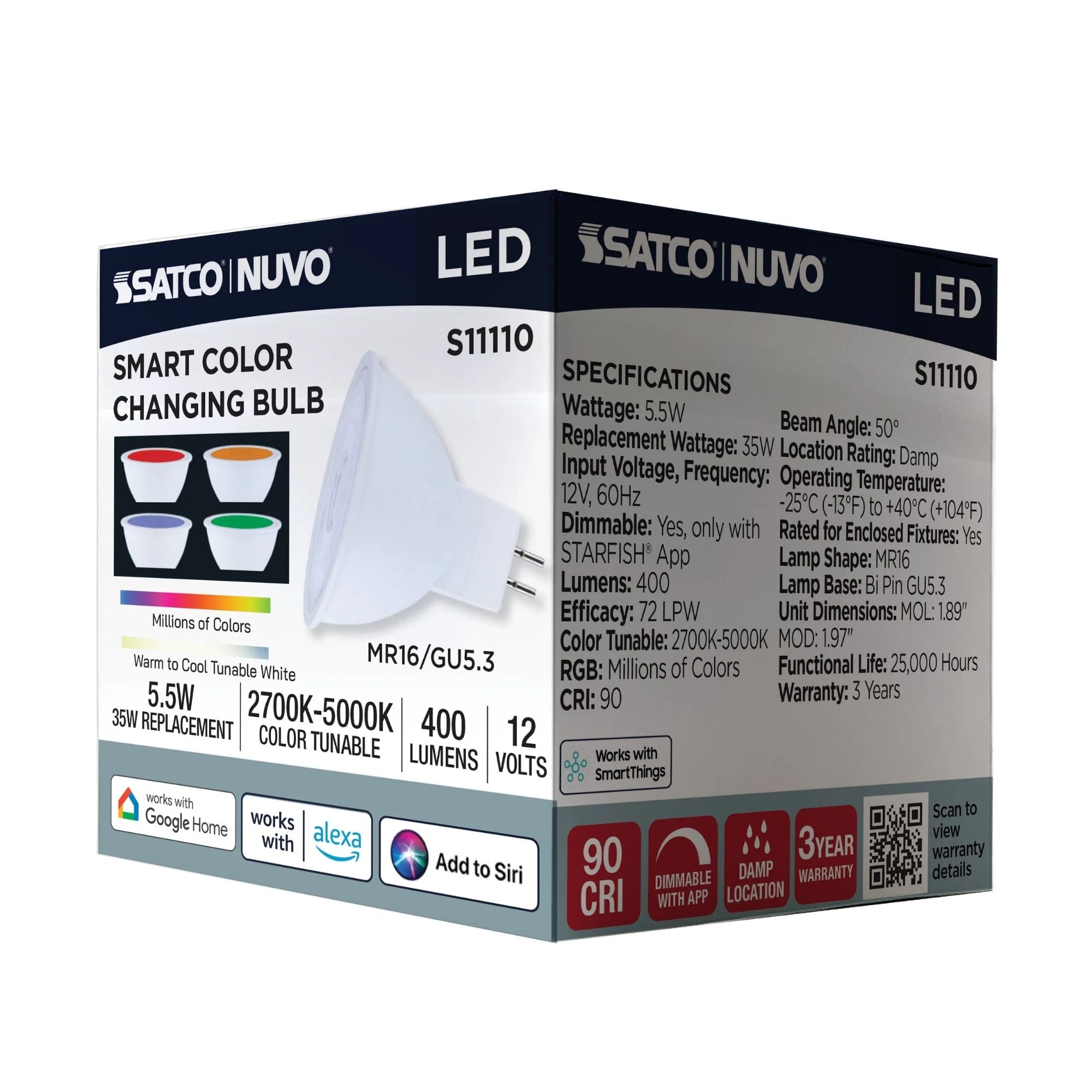 Starfish MR16 Wi-Fi Smart LED Bulb, 6W, 400 Lm, 27K-50K RGBTW, GU5.3 Base, 12V