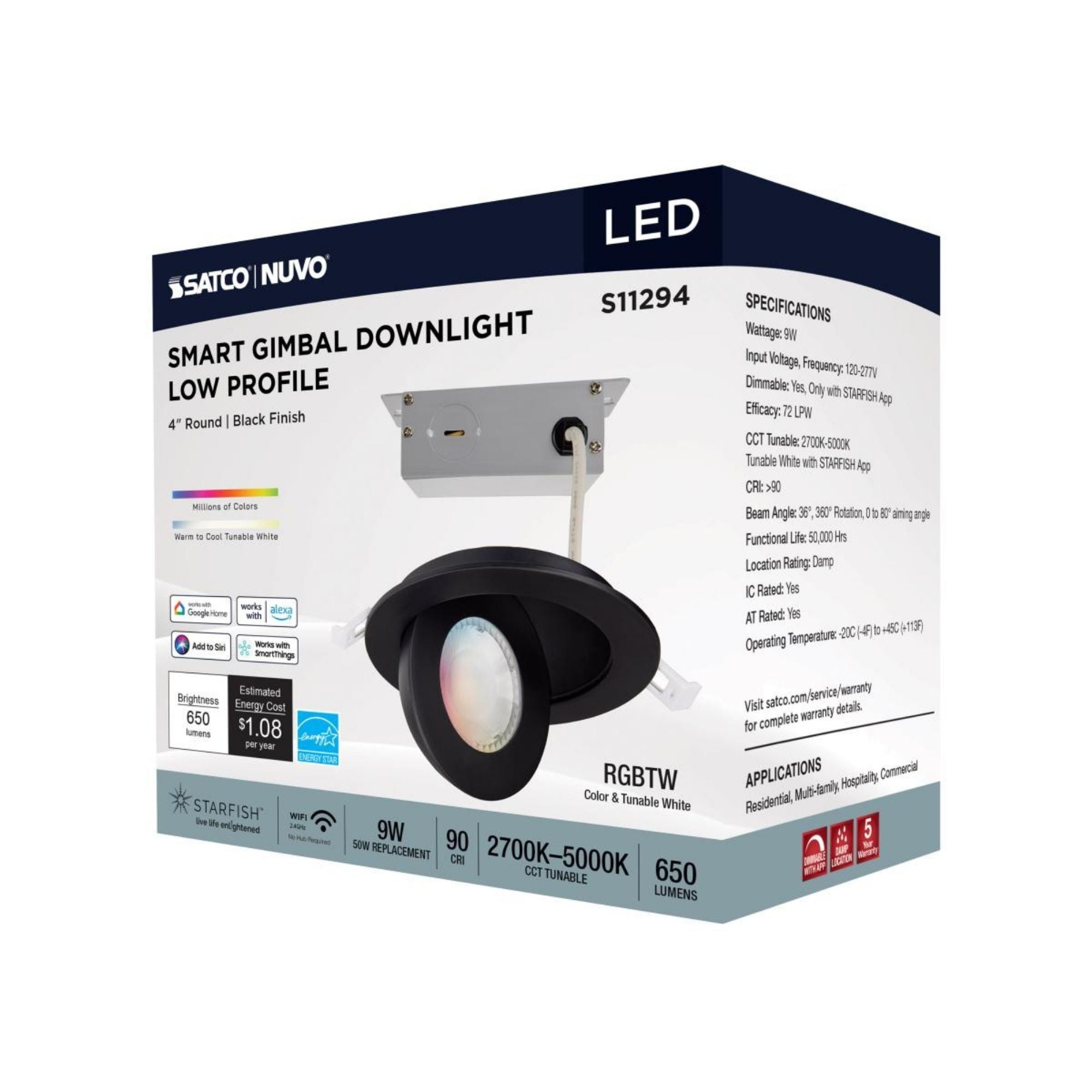 Starfish 4" Smart Gimbal LED Recessed Light, 650lm, RGB, 120-277V, Black