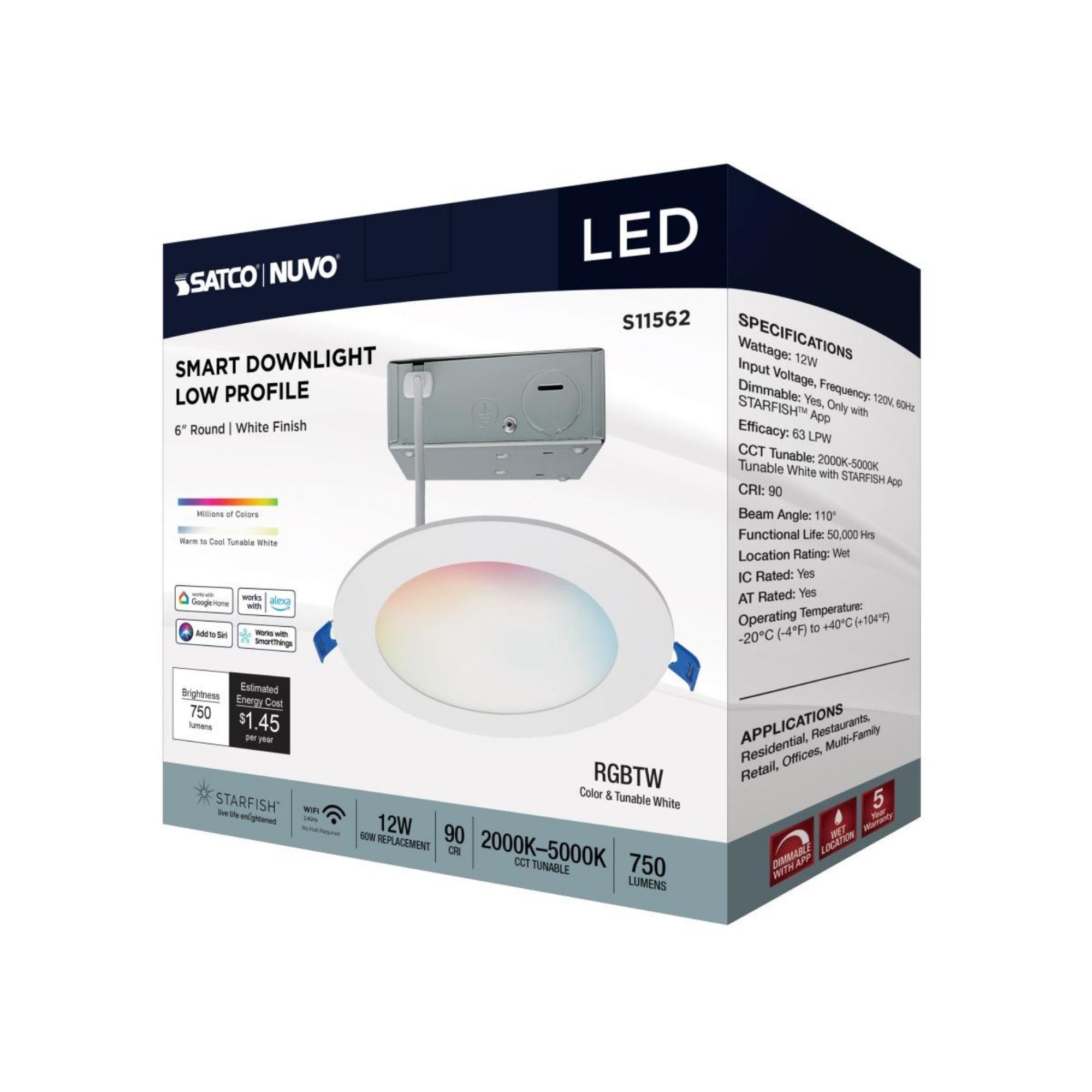 Starfish 6" Smart Slimfit LED Recessed Light, 750lm, RGB, Round Flat Trim