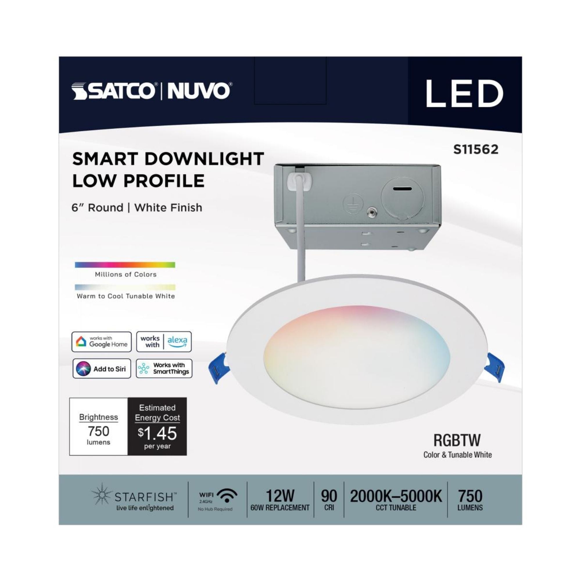 Starfish 6" Smart Slimfit LED Recessed Light, 750lm, RGB, Round Flat Trim