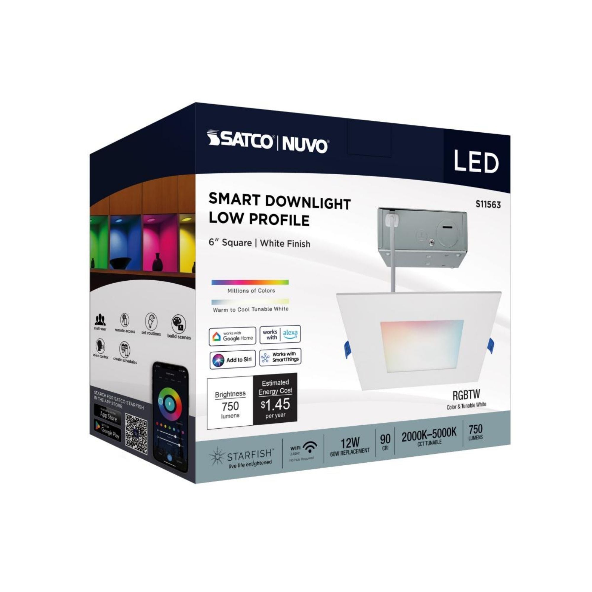Starfish 6" Smart Slimfit LED Recessed Light, 750lm, RGB, Square Flat Trim