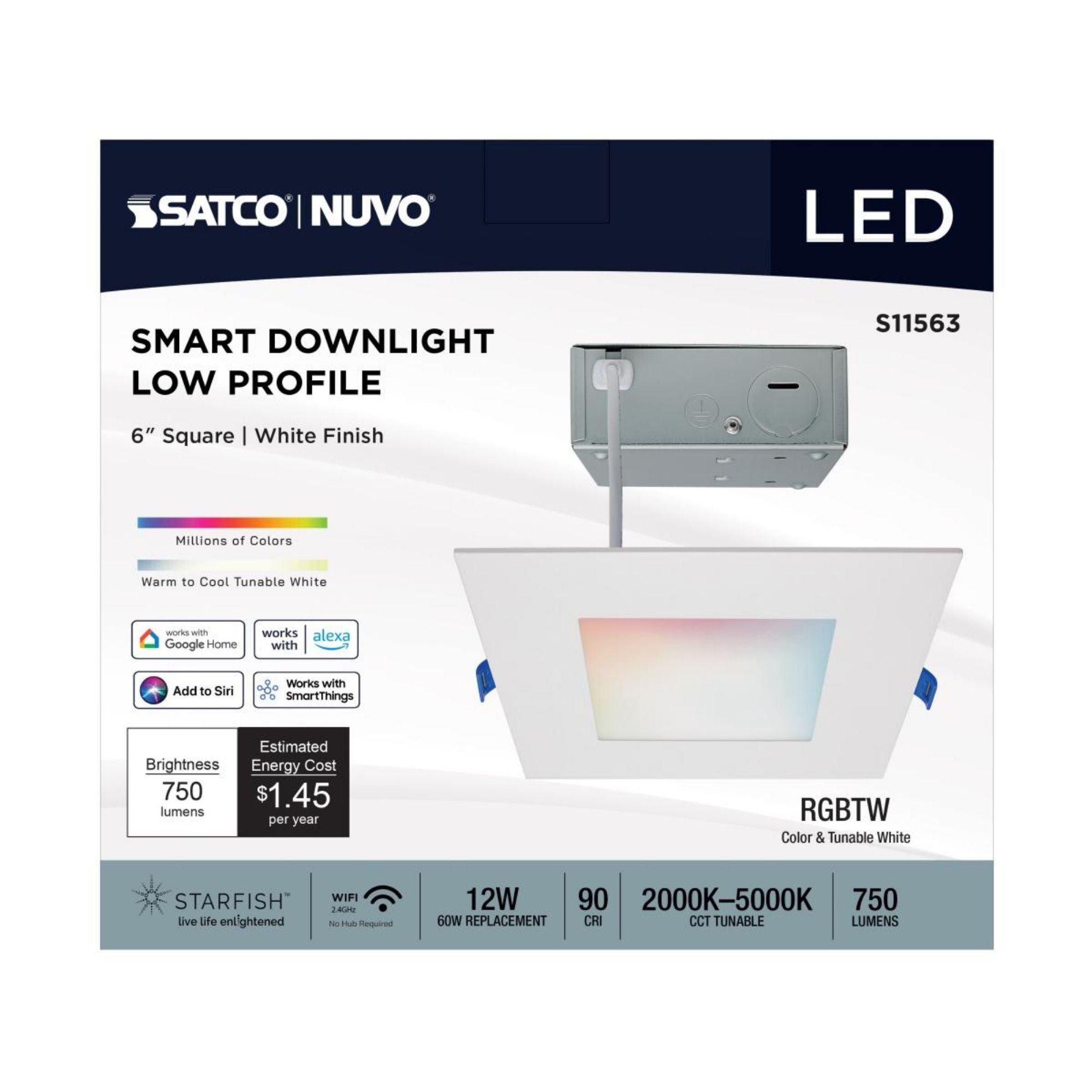 Starfish 6" Smart Slimfit LED Recessed Light, 750lm, RGB, Square Flat Trim