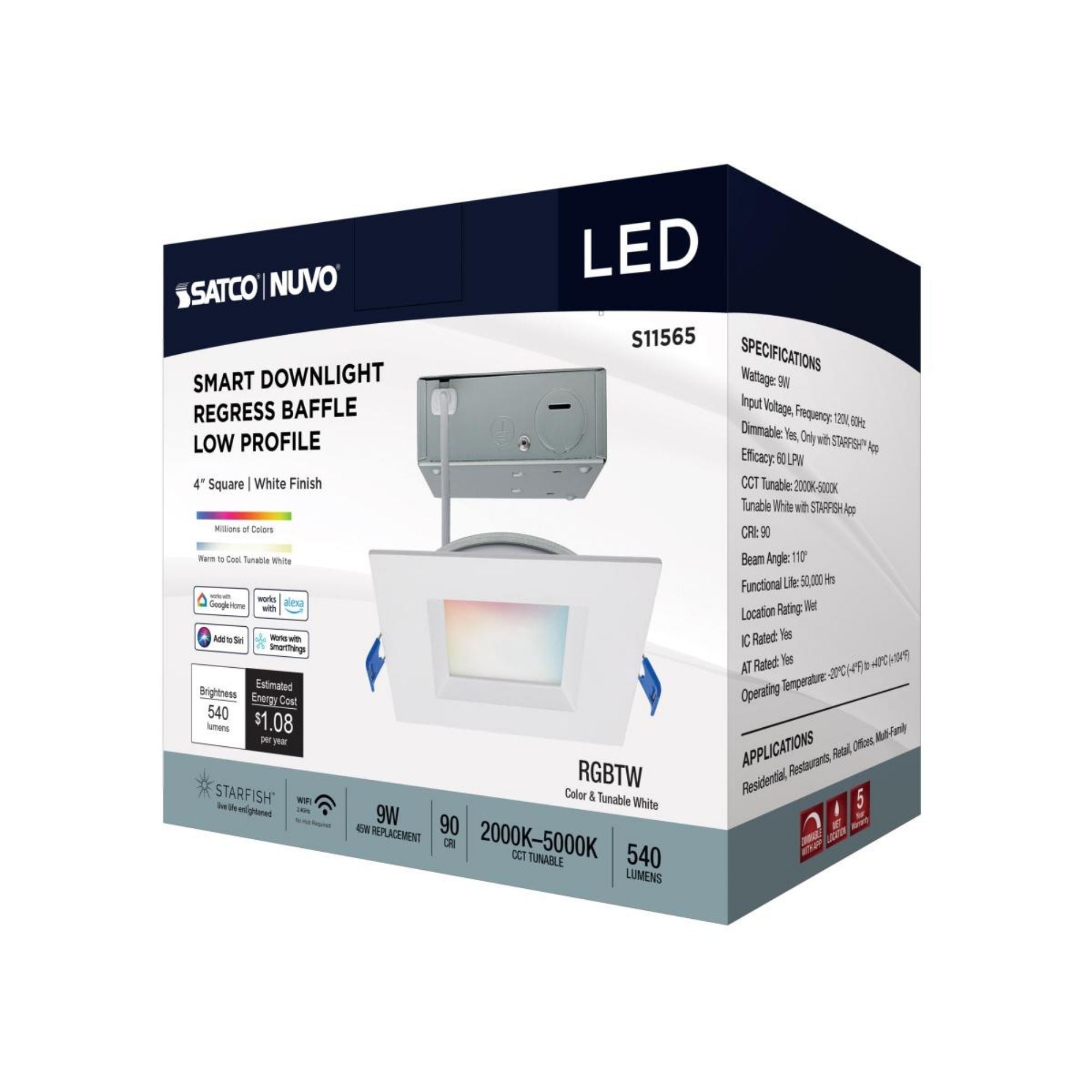 Starfish 4" Smart LED Downlight, 540lm, RGB, Square Regress Trim