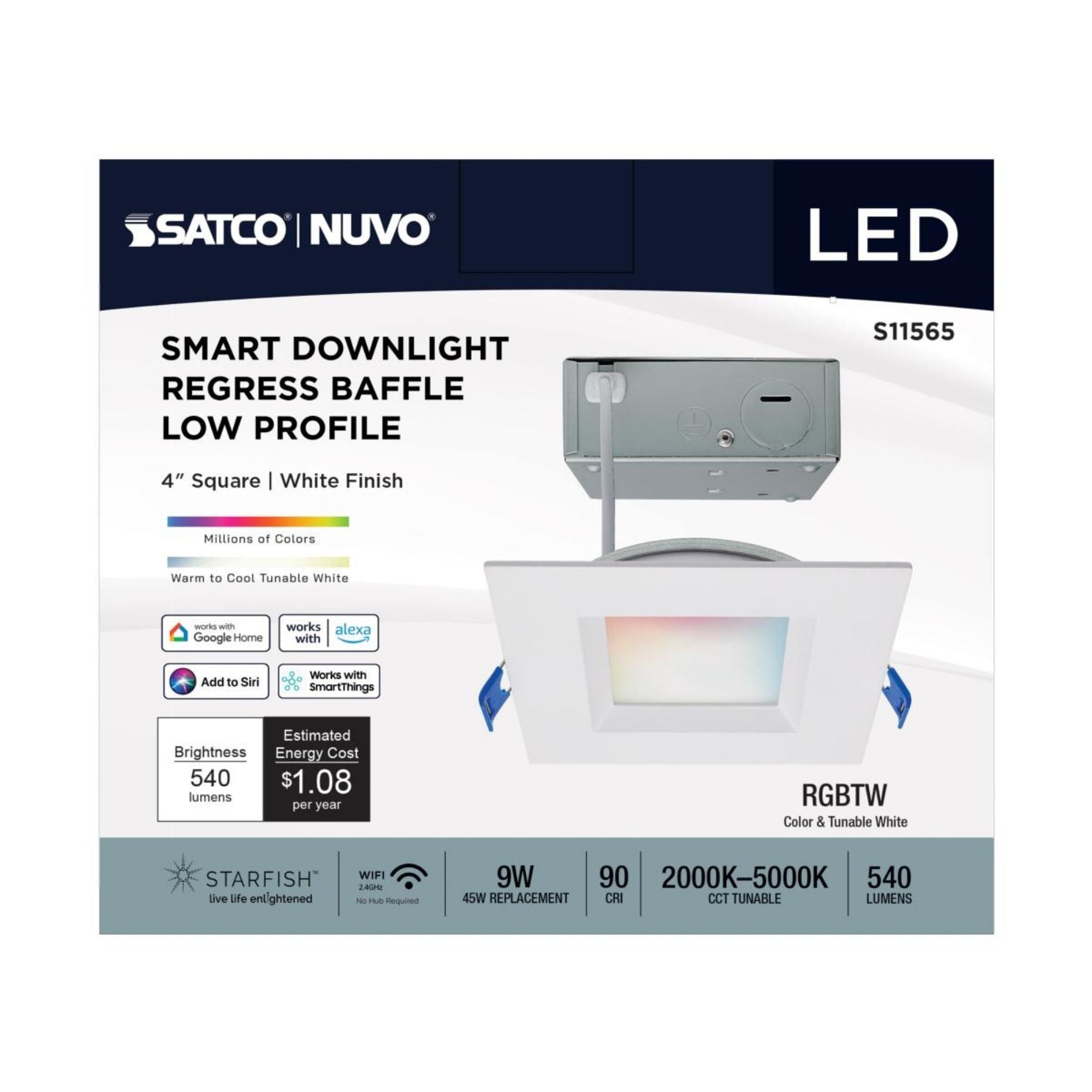 Starfish 4" Smart LED Downlight, 540lm, RGB, Square Regress Trim
