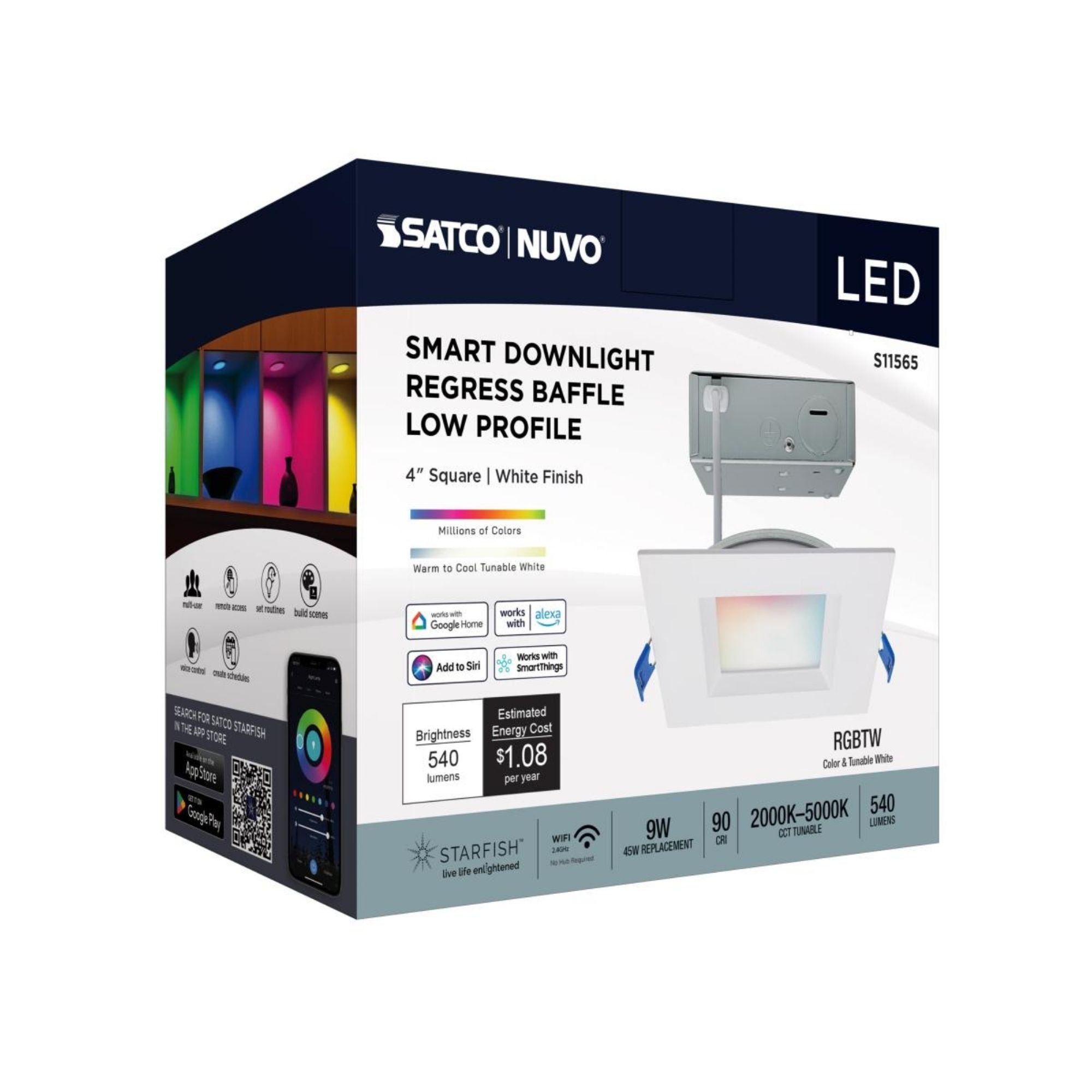 Starfish 4" Smart LED Downlight, 540lm, RGB, Square Regress Trim