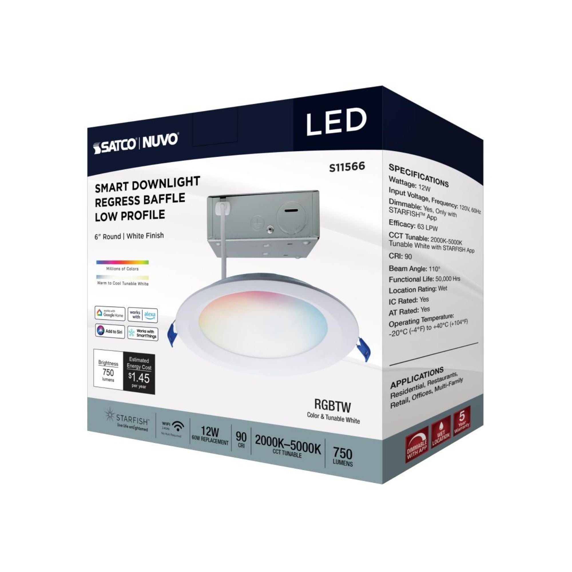 Starfish 6" Smart LED Downlight, 750lm, RGB, Round Regress Trim
