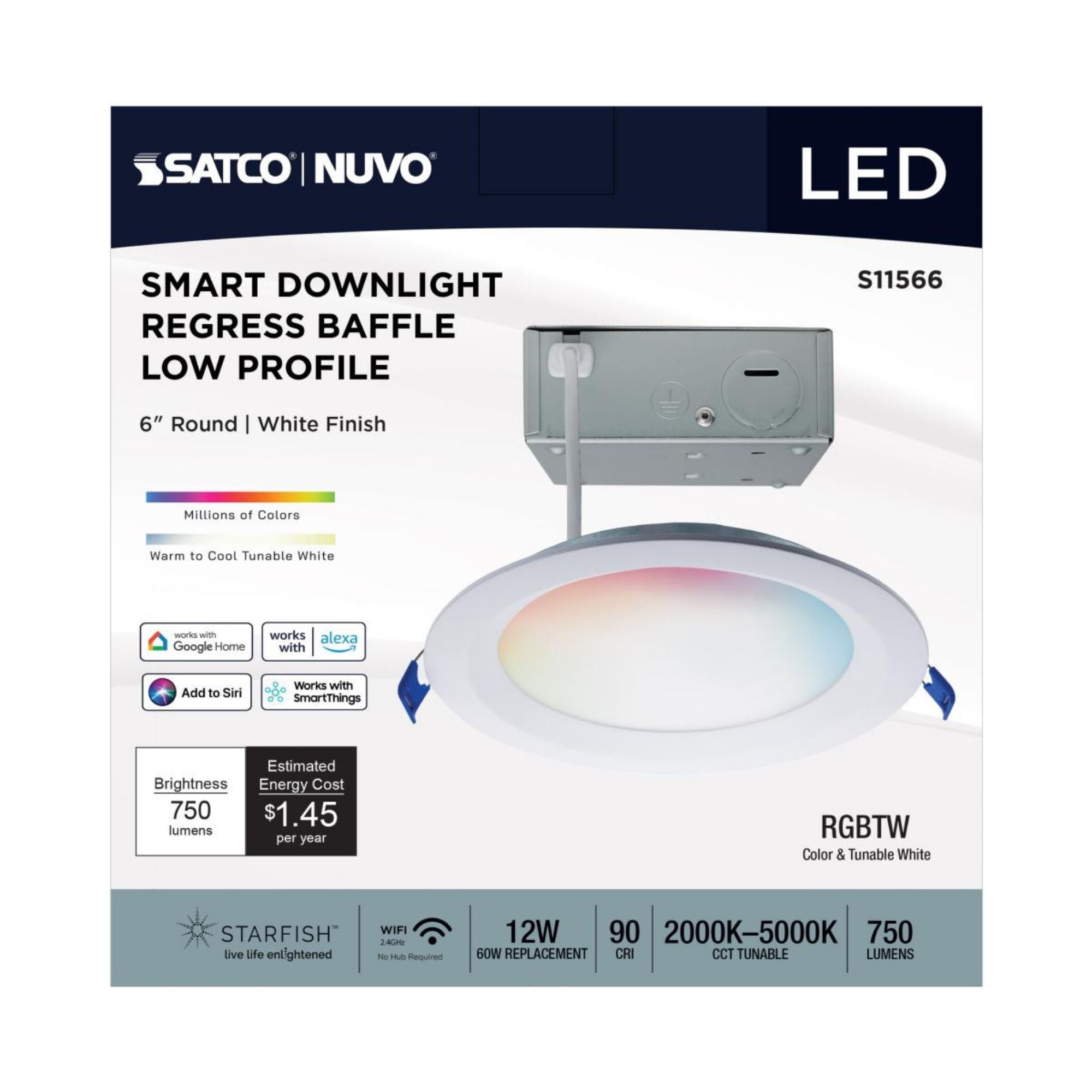Starfish 6" Smart LED Downlight, 750lm, RGB, Round Regress Trim