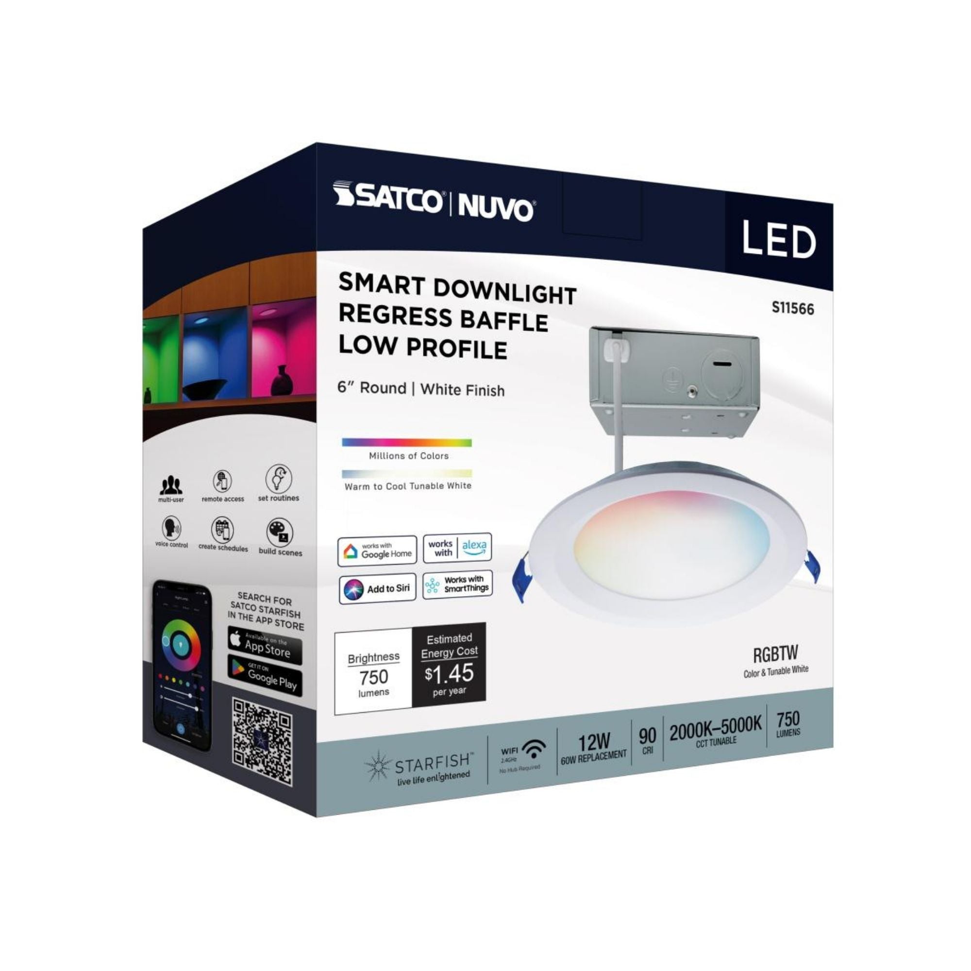 Starfish 6" Smart LED Downlight, 750lm, RGB, Round Regress Trim