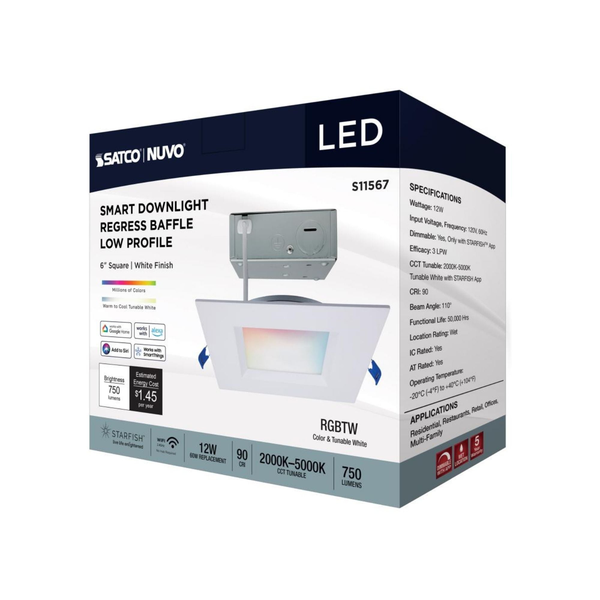 Starfish 6" Smart LED Downlight, 750lm, RGB, Square Regress Trim