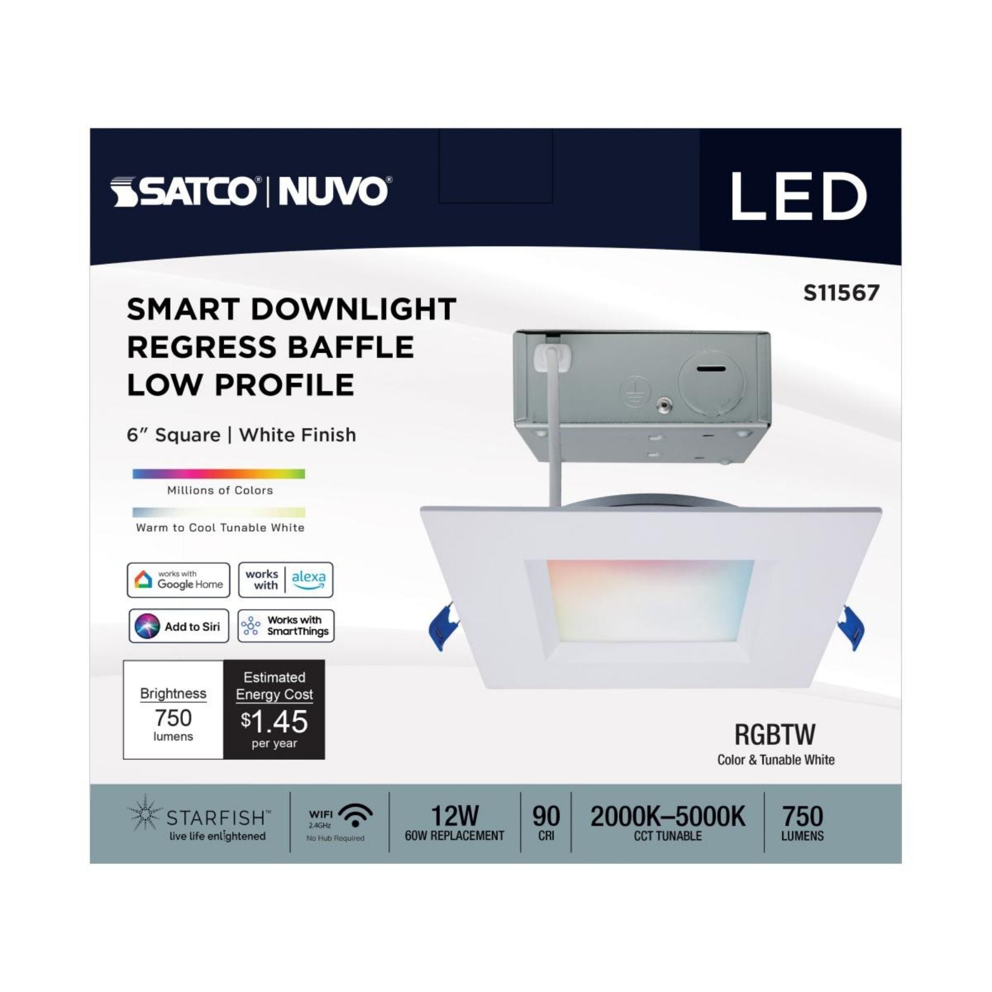 Starfish 6" Smart LED Downlight, 750lm, RGB, Square Regress Trim