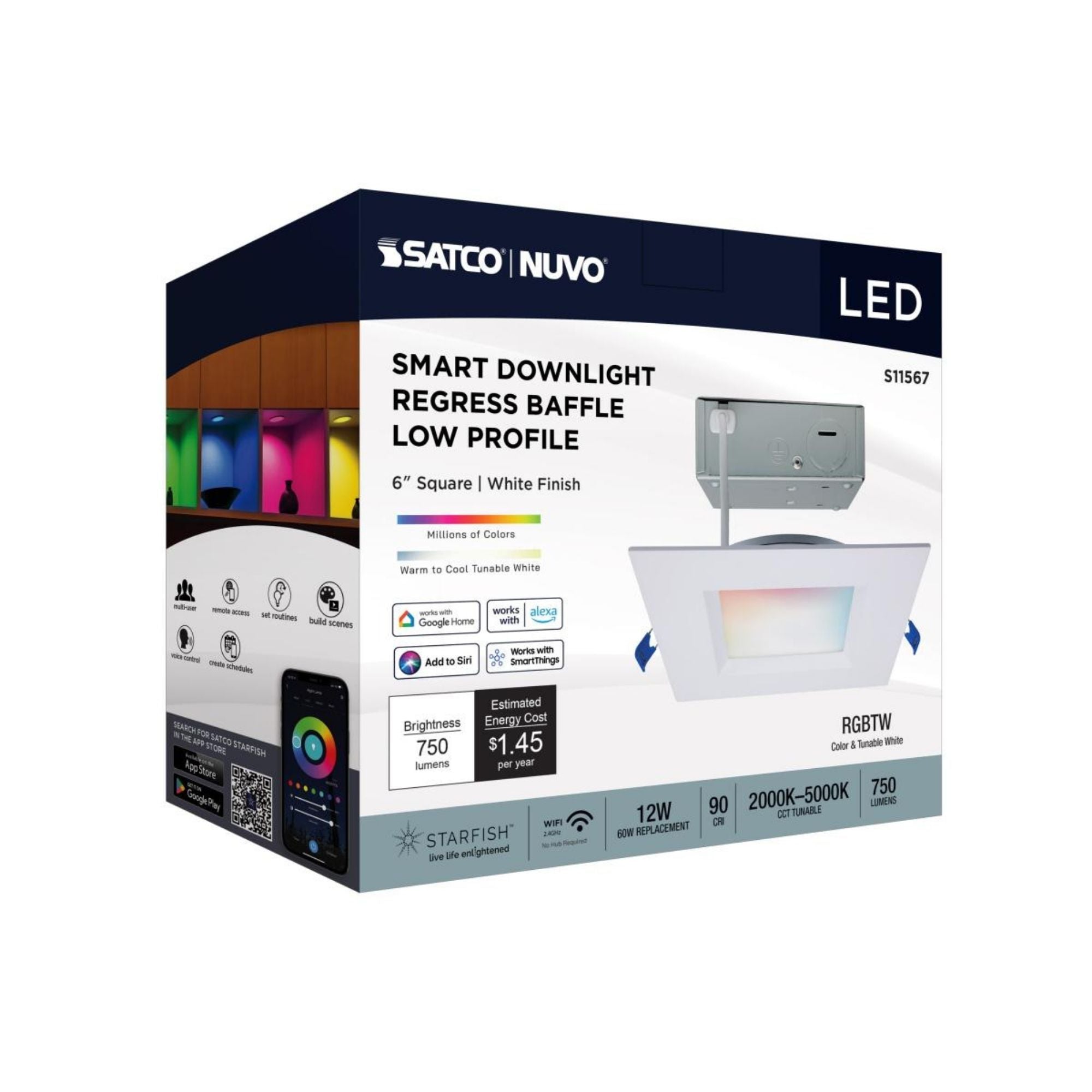 Starfish 6" Smart LED Downlight, 750lm, RGB, Square Regress Trim