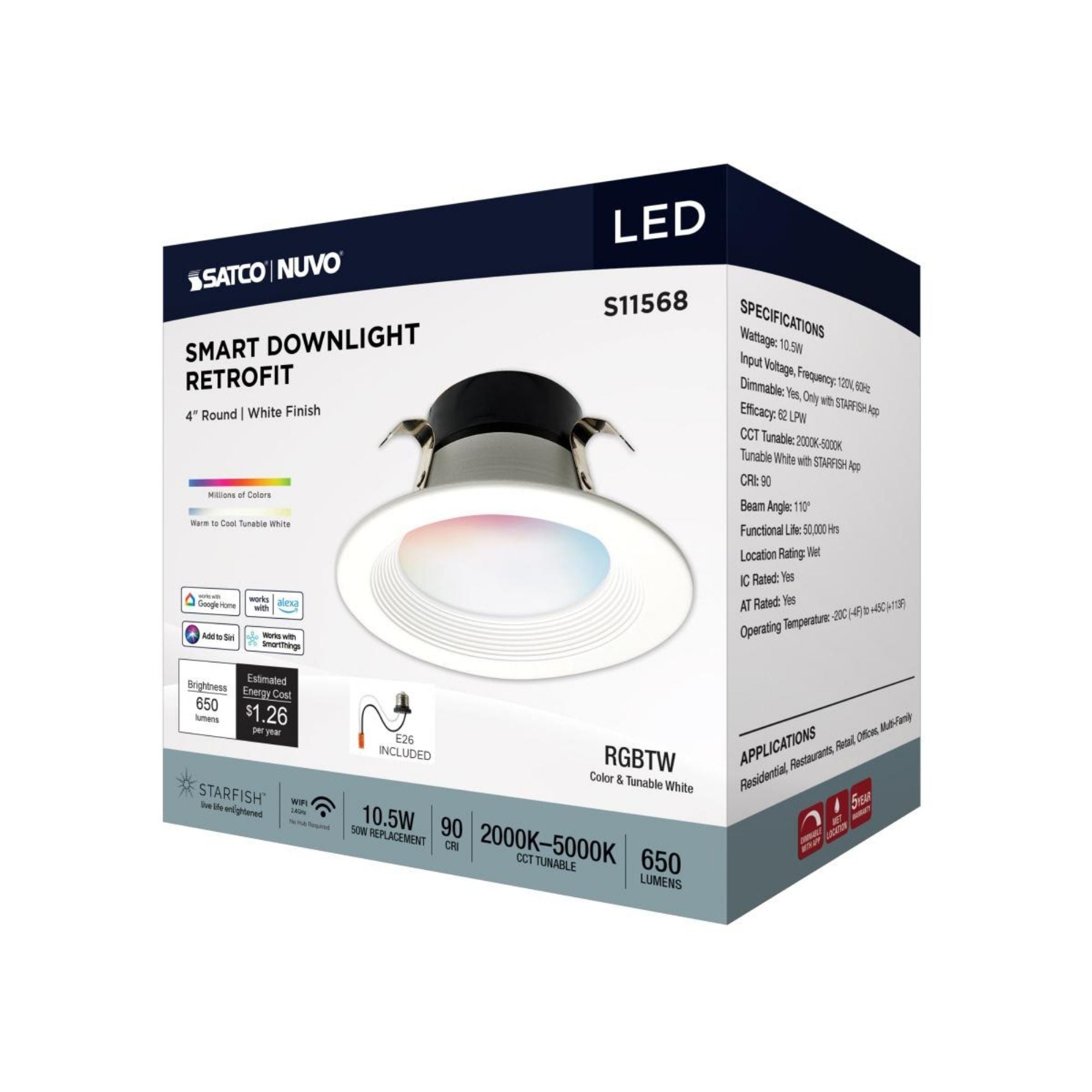Starfish 4" Smart LED Retrofit Downlight, 650lm, RGB, Round Baffle Trim