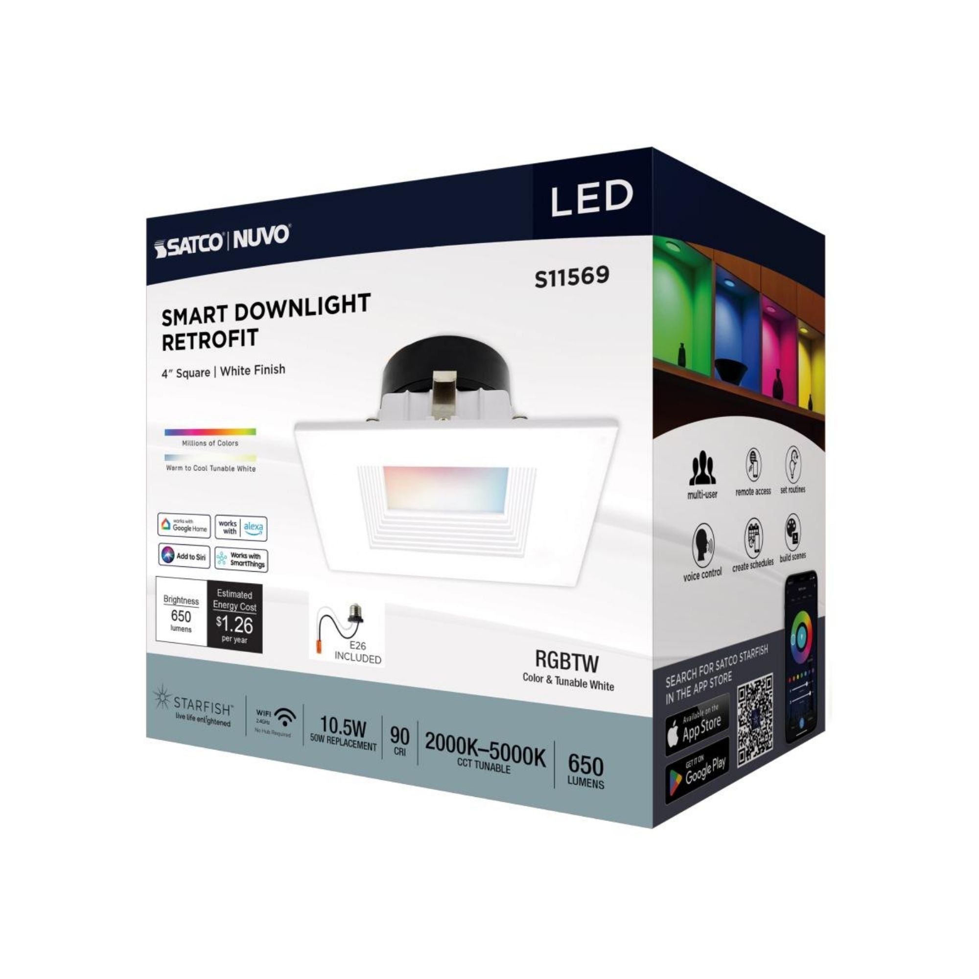 Starfish 4" Smart LED Retrofit Downlight, 650lm, RGB, Square Baffle Trim