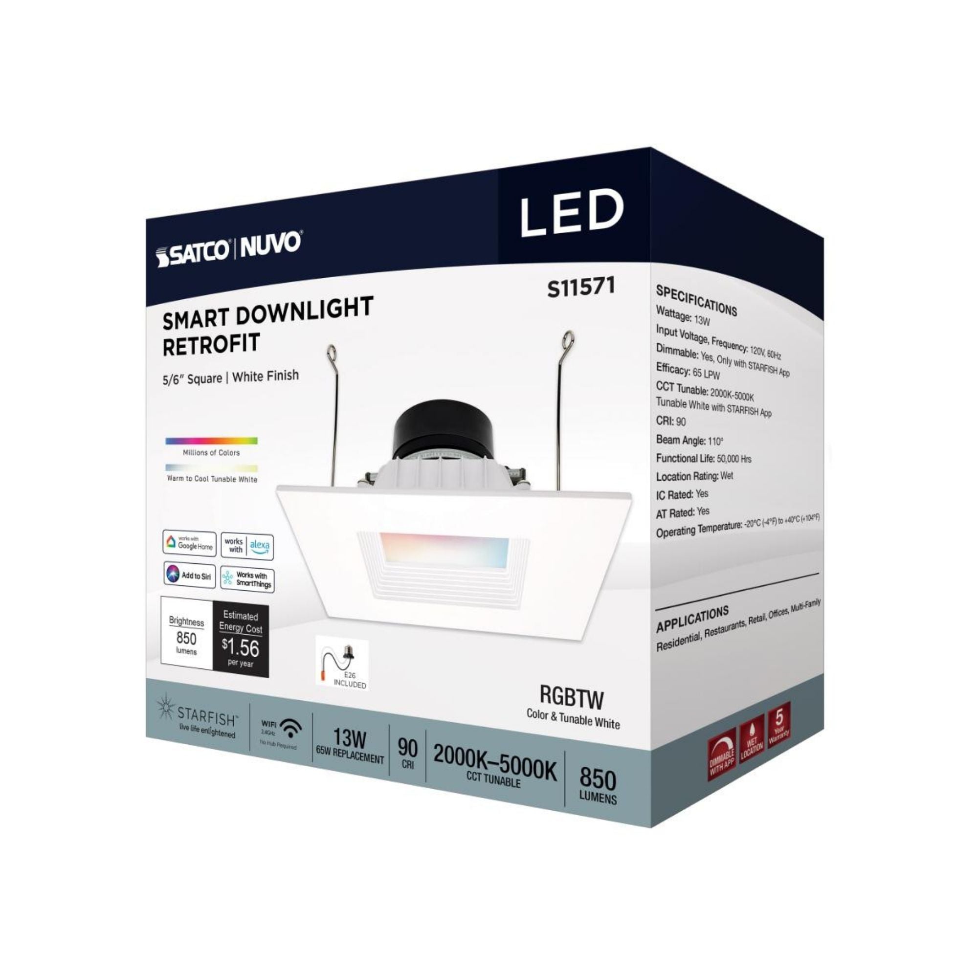 Starfish 6" Smart LED Retrofit Downlight, 850lm, RGB, Square Baffle Trim
