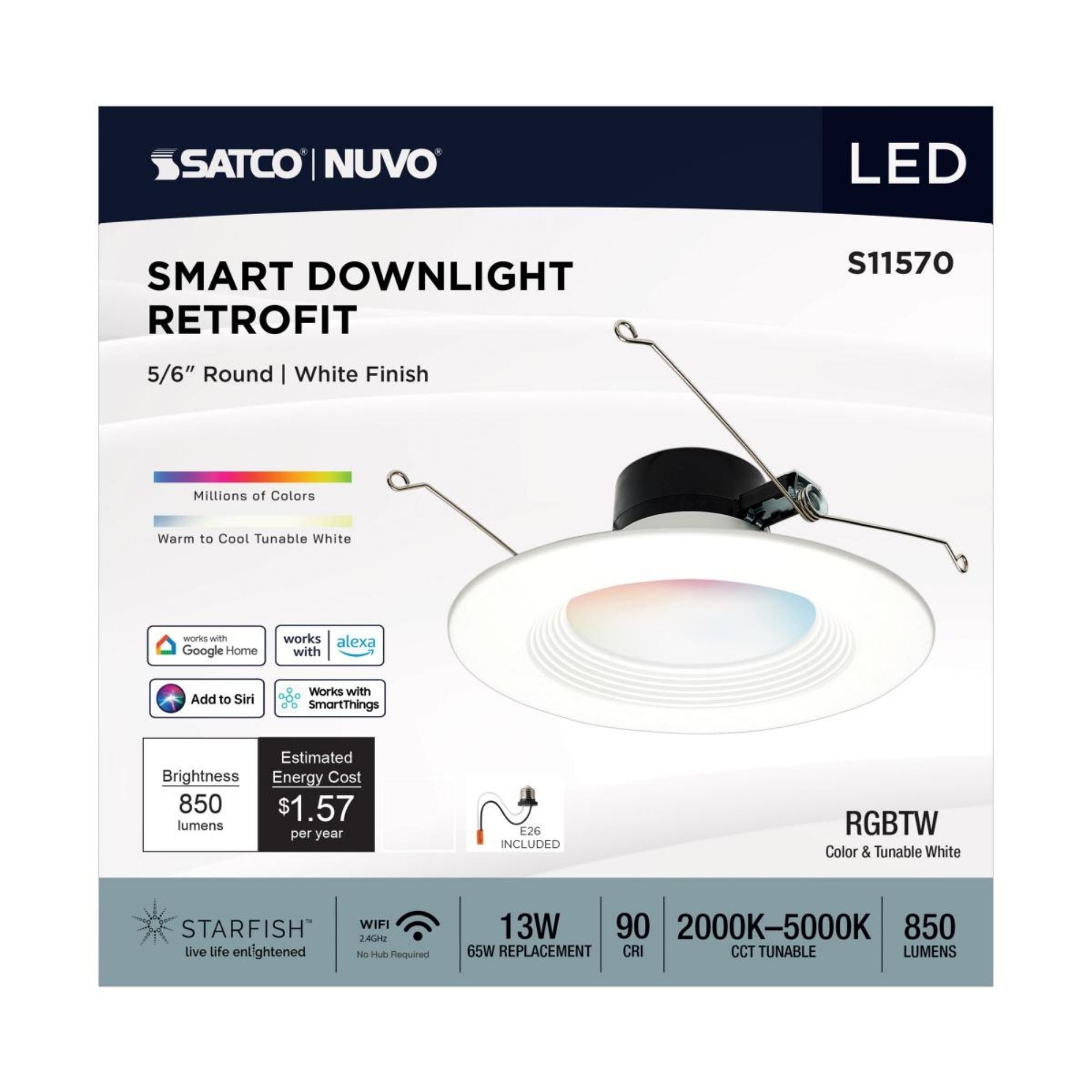 Starfish 6" Smart LED Retrofit Downlight, 850lm, RGB, Square Baffle Trim