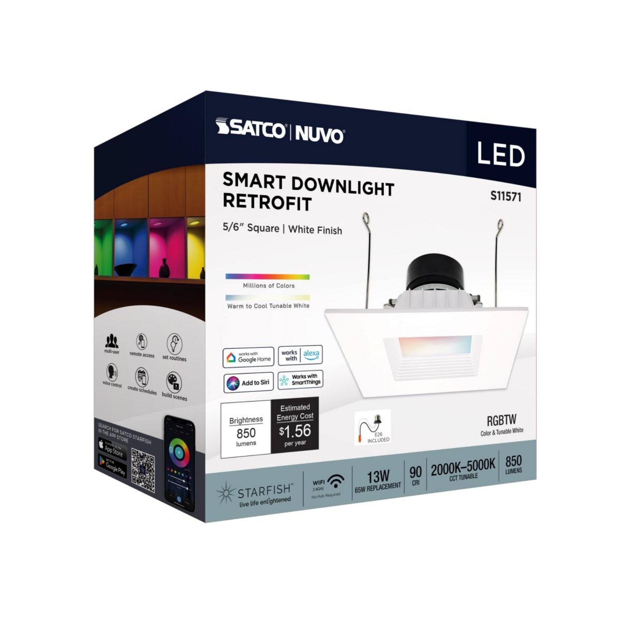 Starfish 6" Smart LED Retrofit Downlight, 850lm, RGB, Square Baffle Trim