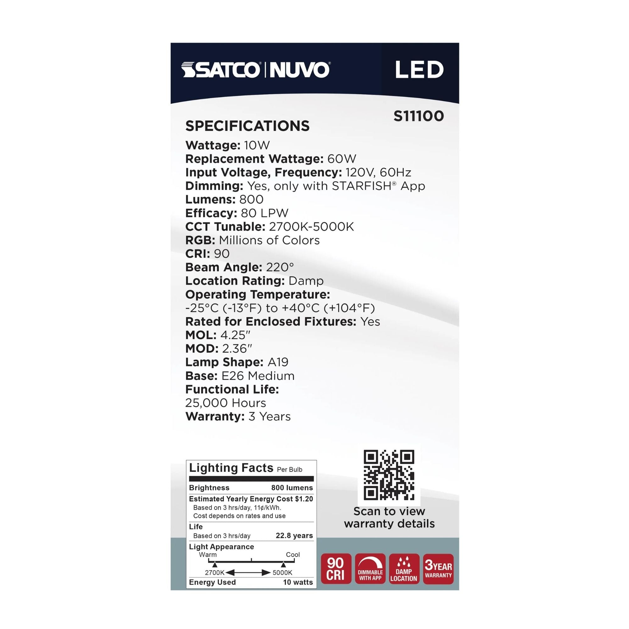 Starfish A19 Wi-Fi Smart LED Bulb, 10W, 800 Lm, 27K-50K RGBTW, E26 Base, 120V