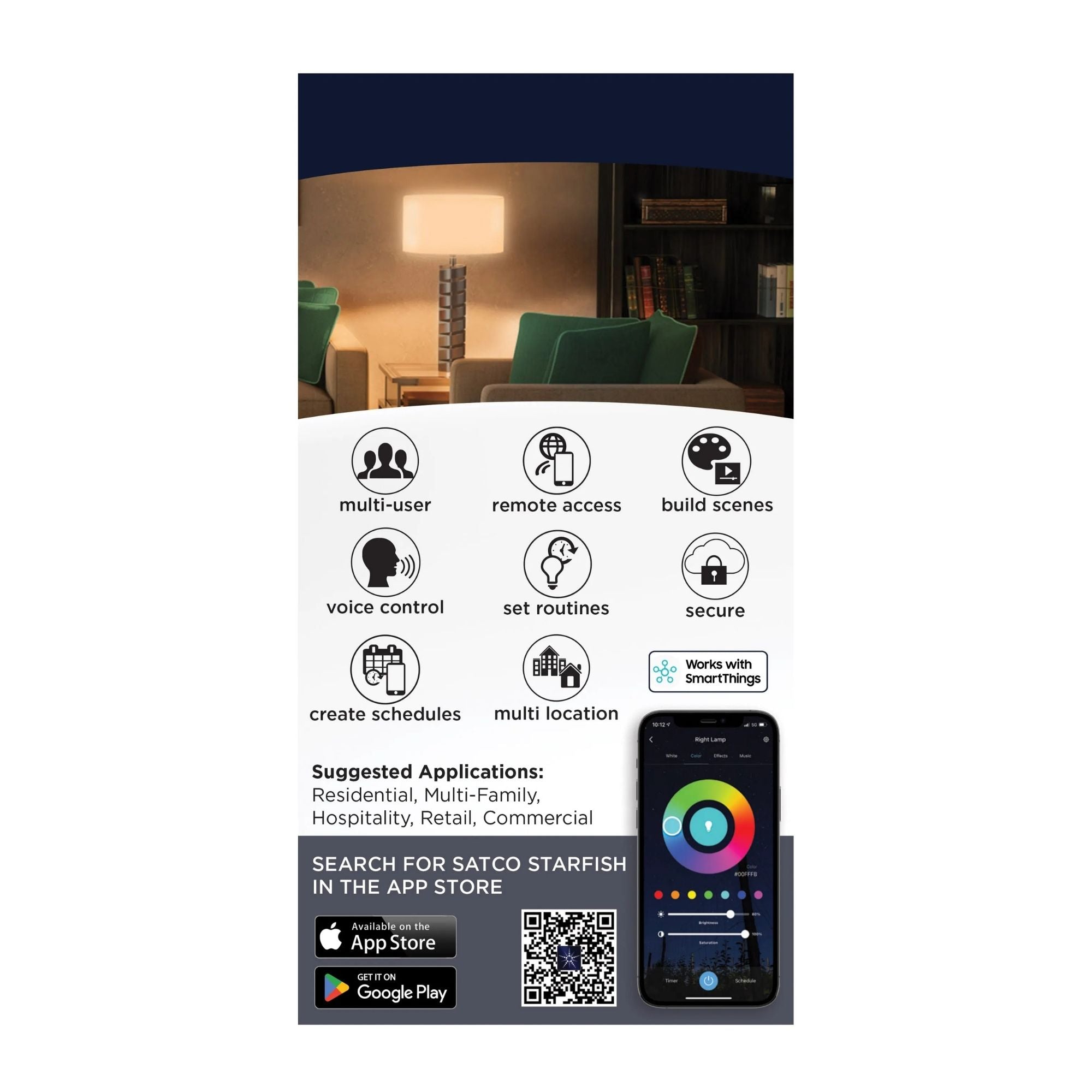 Starfish A19 Wi-Fi Smart LED Bulb, 10W, 800 Lm, 27K-50K RGBTW, E26 Base, 120V