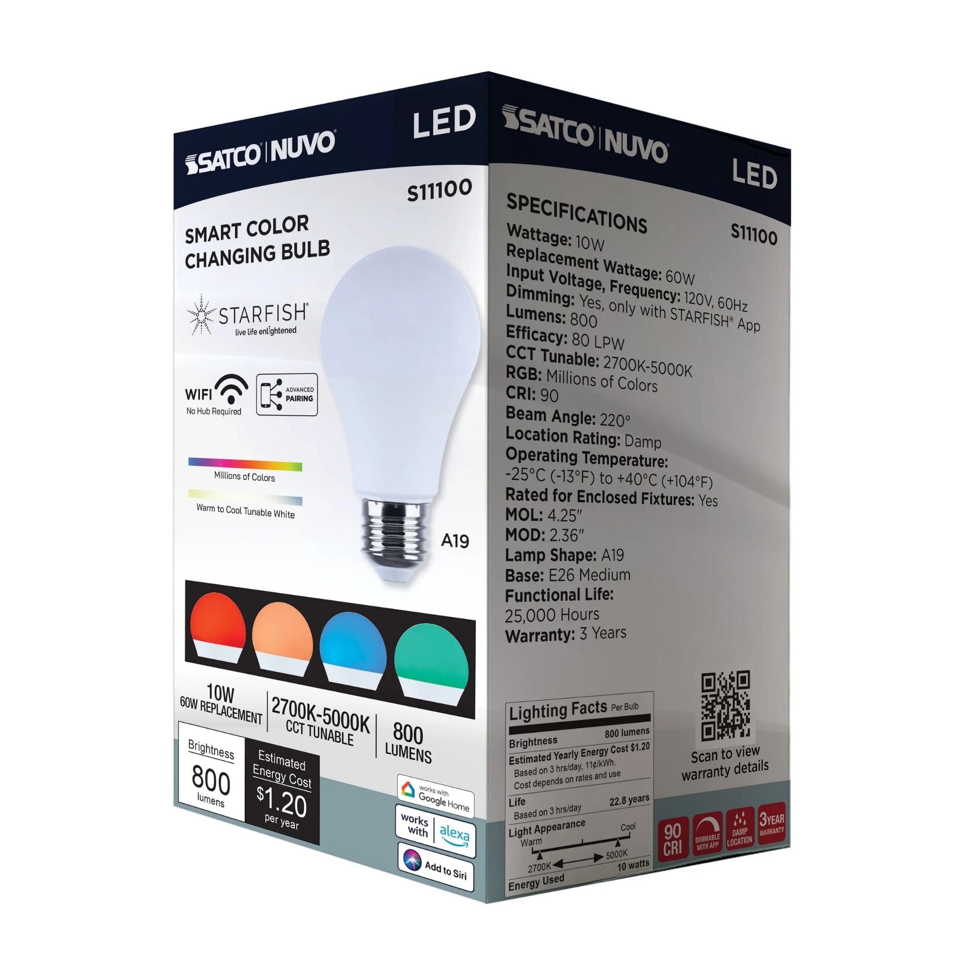 Starfish A19 Wi-Fi Smart LED Bulb, 10W, 800 Lm, 27K-50K RGBTW, E26 Base, 120V
