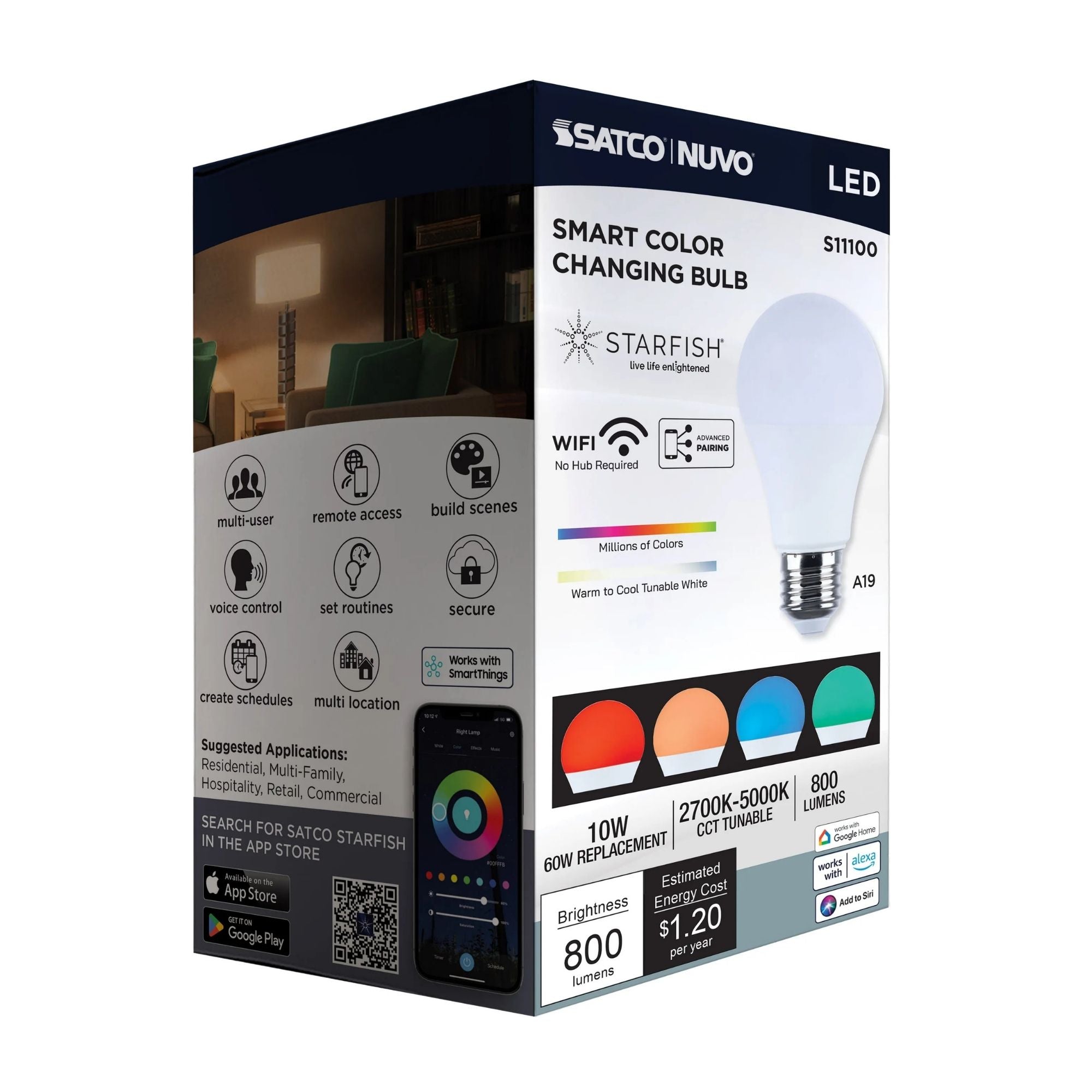 Starfish A19 Wi-Fi Smart LED Bulb, 10W, 800 Lm, 27K-50K RGBTW, E26 Base, 120V