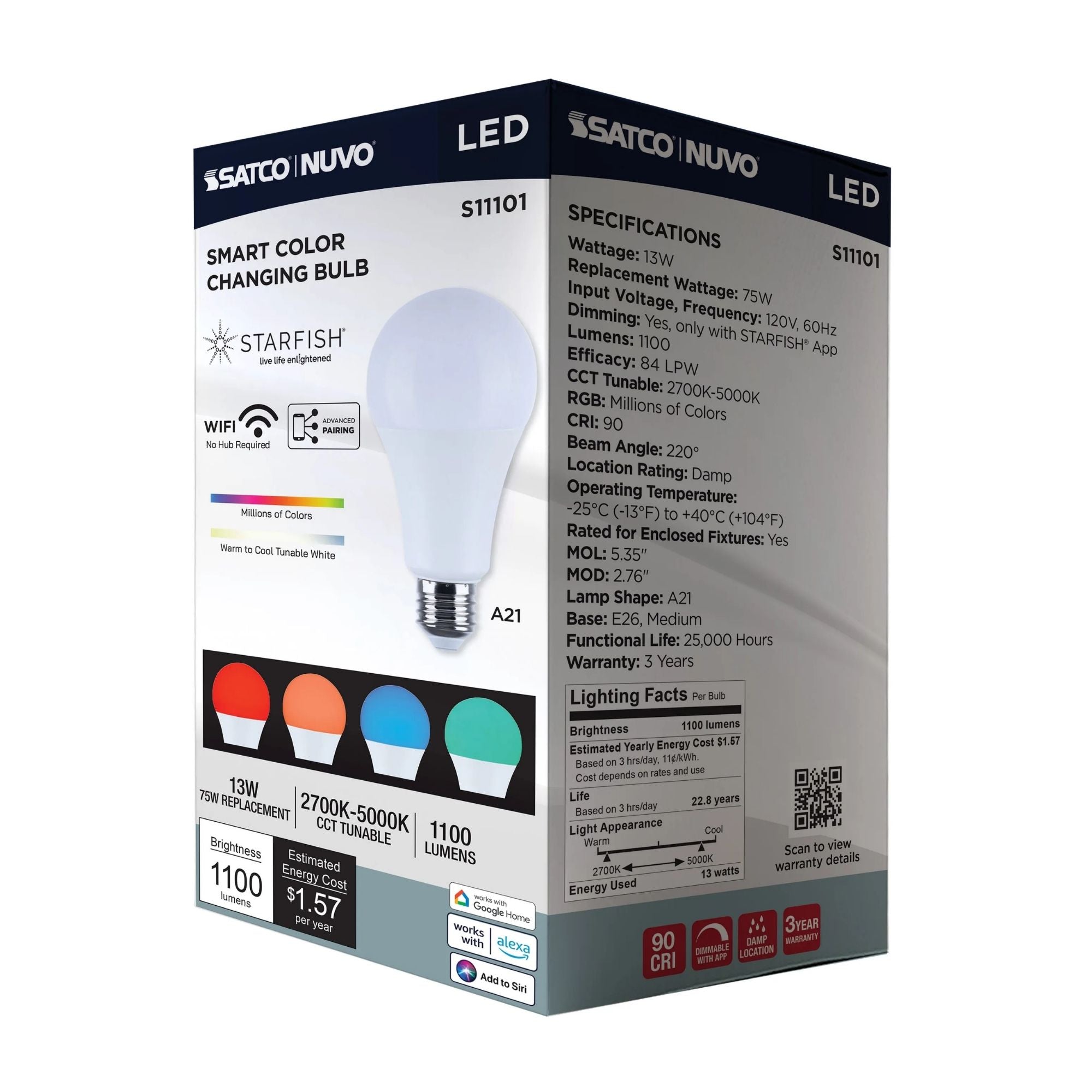 Starfish A21 Wi-Fi Smart LED Bulb, 13W, 1100 Lm, 27K-50K RGBTW, E26 Base, 120V