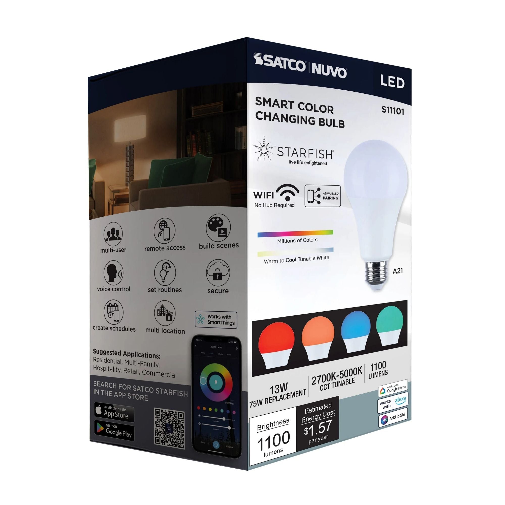 Starfish A21 Wi-Fi Smart LED Bulb, 13W, 1100 Lm, 27K-50K RGBTW, E26 Base, 120V