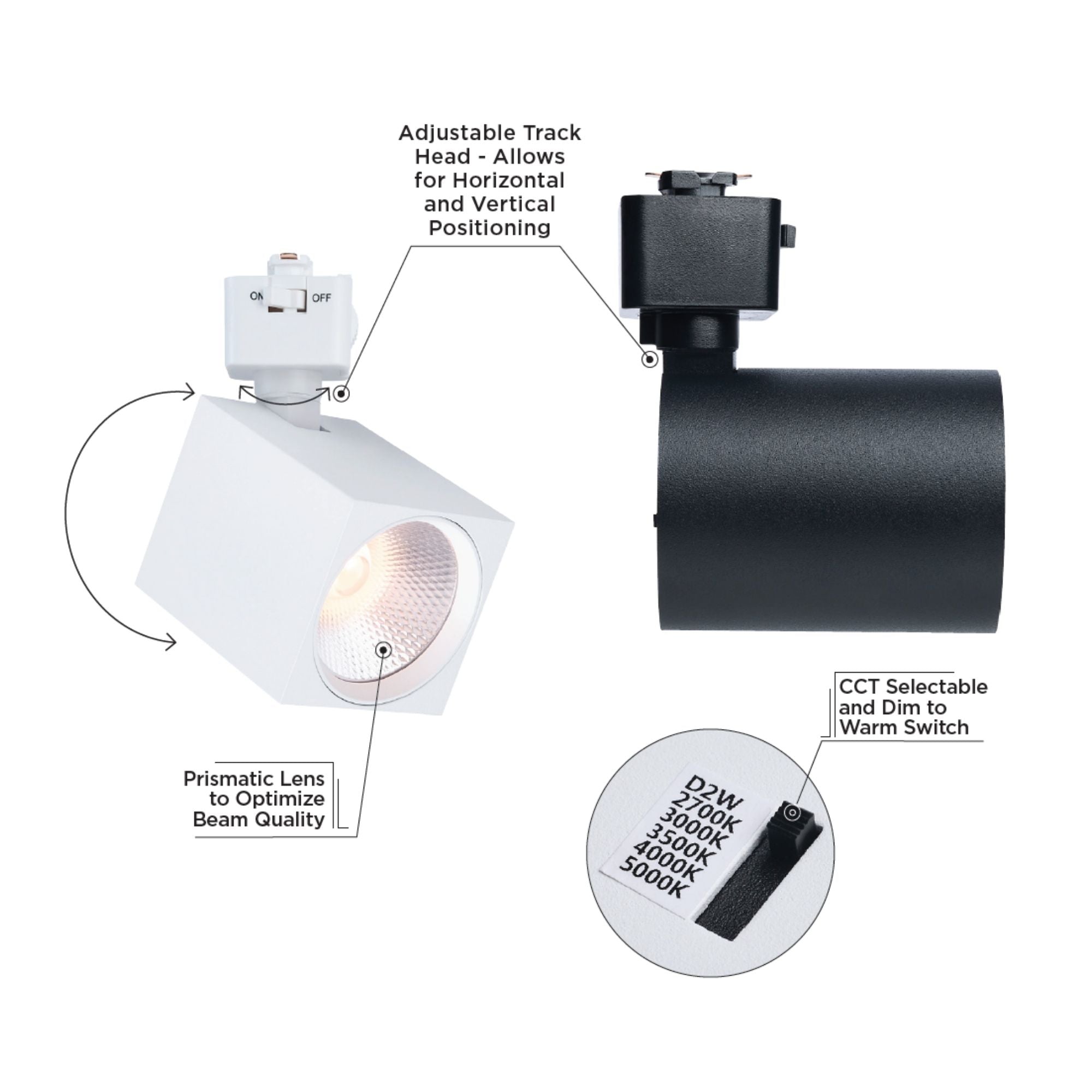 Satco Round Track Head, H-Type, Black, Selectable CCT, 500 Lumens, 48° Beam Angle