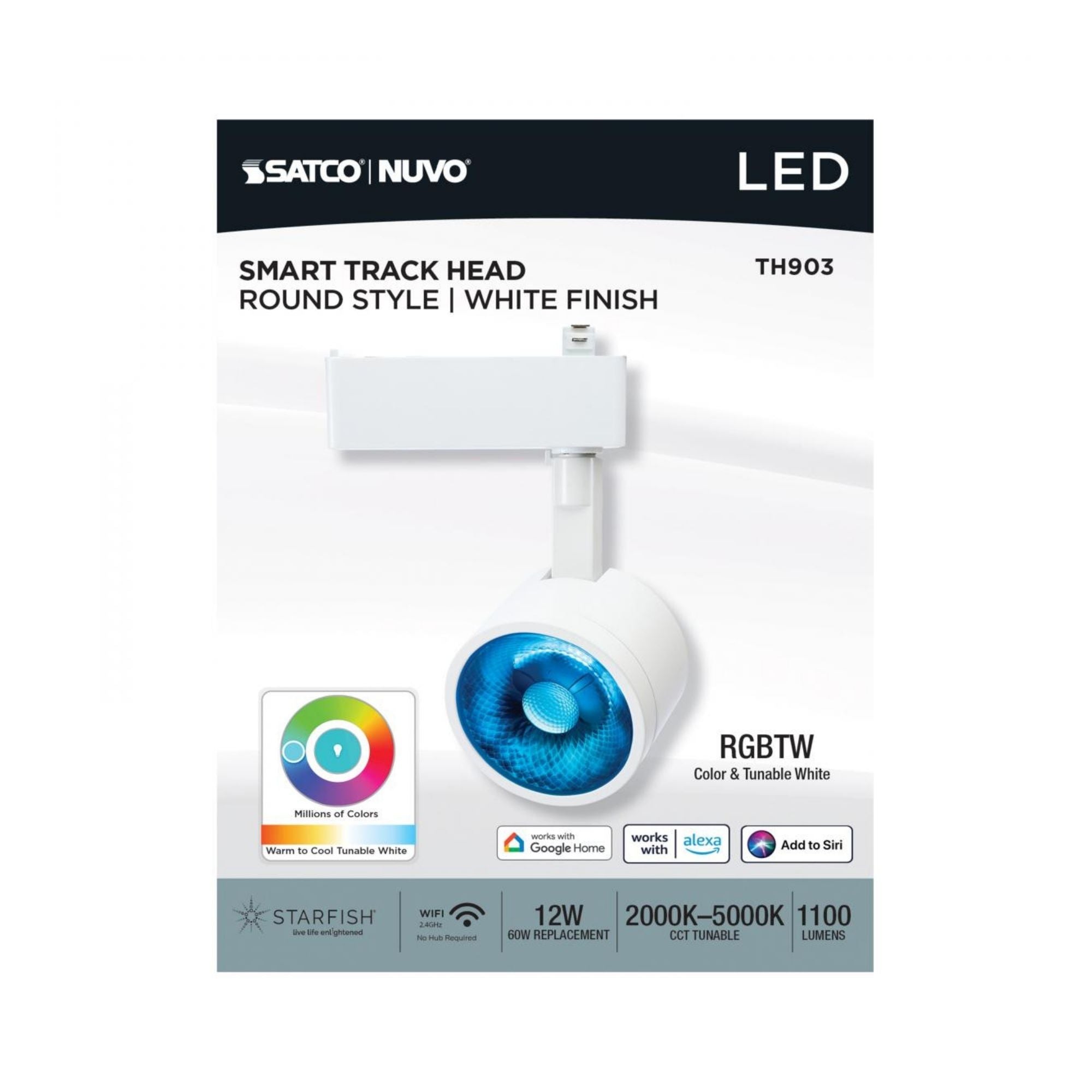 Starfish Smart Round LED Track Head, 1100 Lumens, RGBTW, Halo, 36°, White