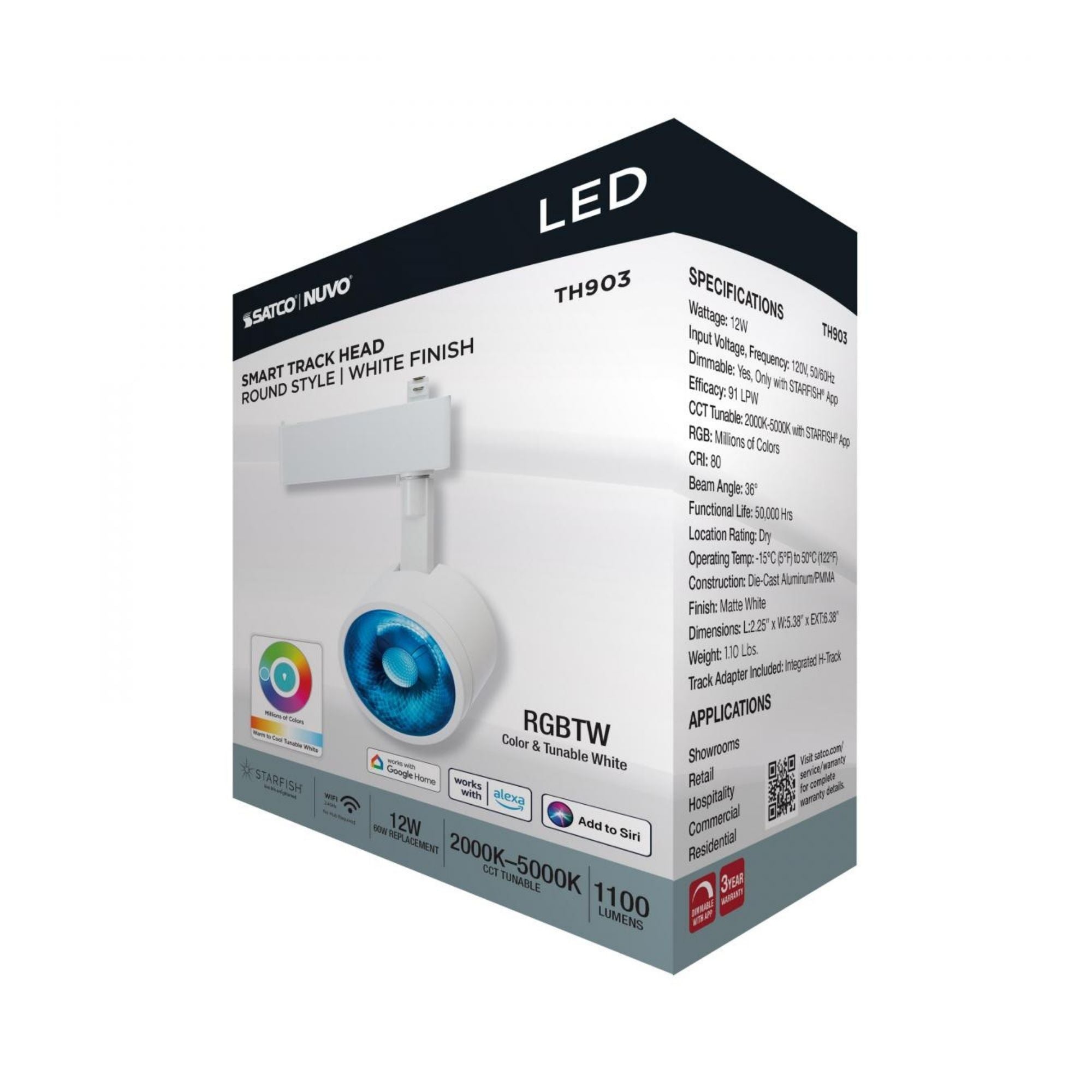 Starfish Smart Round LED Track Head, 1100 Lumens, RGBTW, Halo, 36°, White