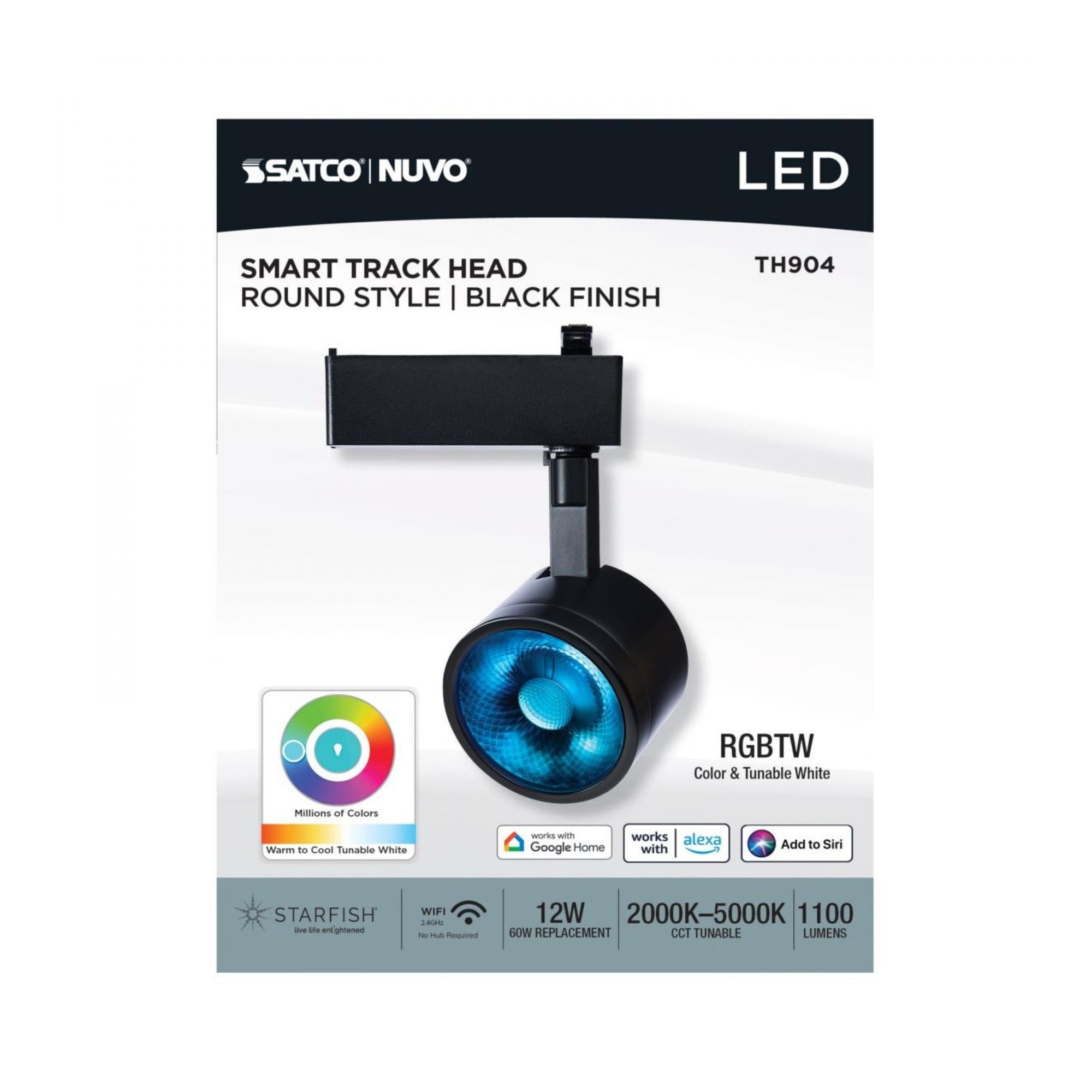 Starfish Smart Round LED Track Head, 1100 Lumens, RGBTW, Halo, 36°, Black