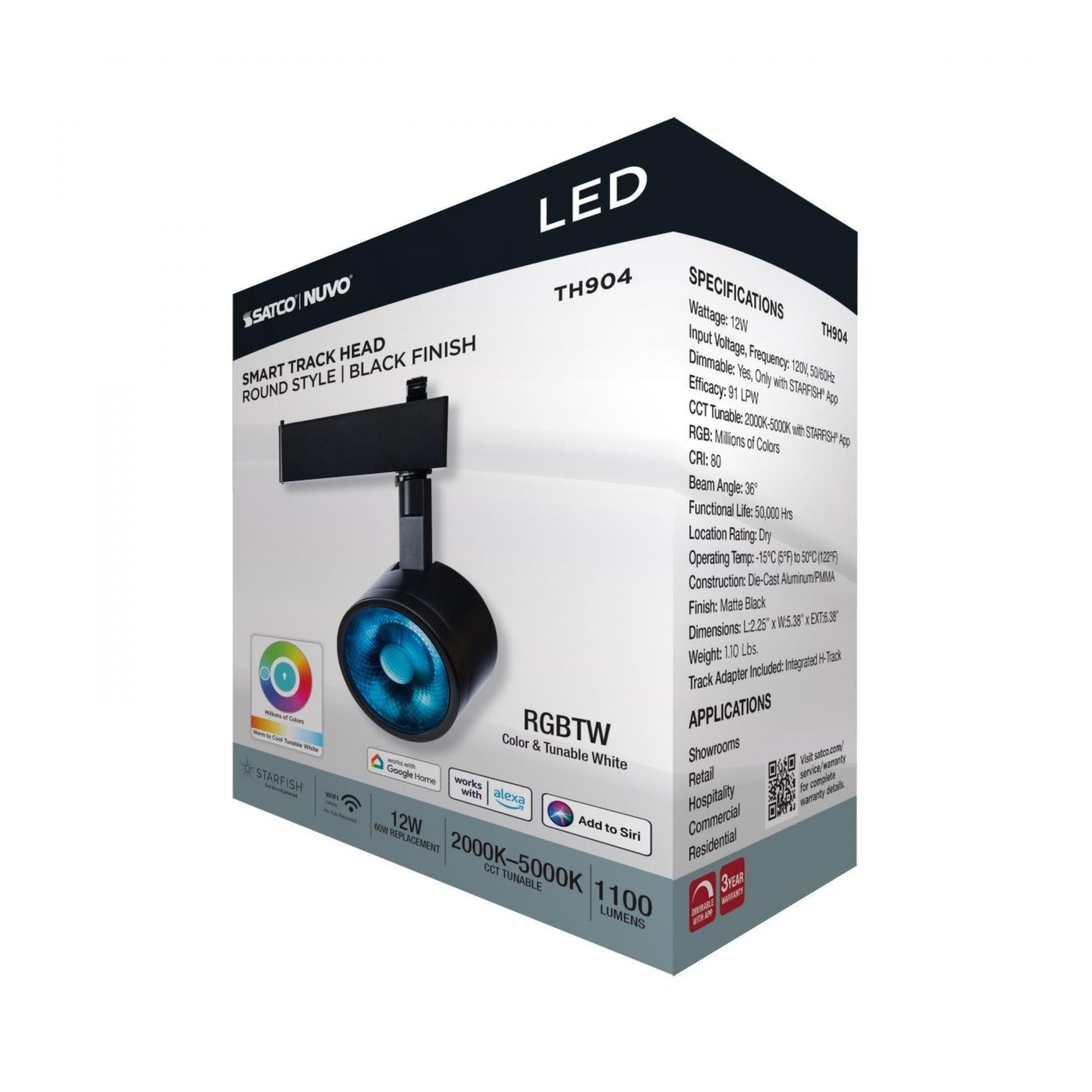 Starfish Smart Round LED Track Head, 1100 Lumens, RGBTW, Halo, 36°, Black