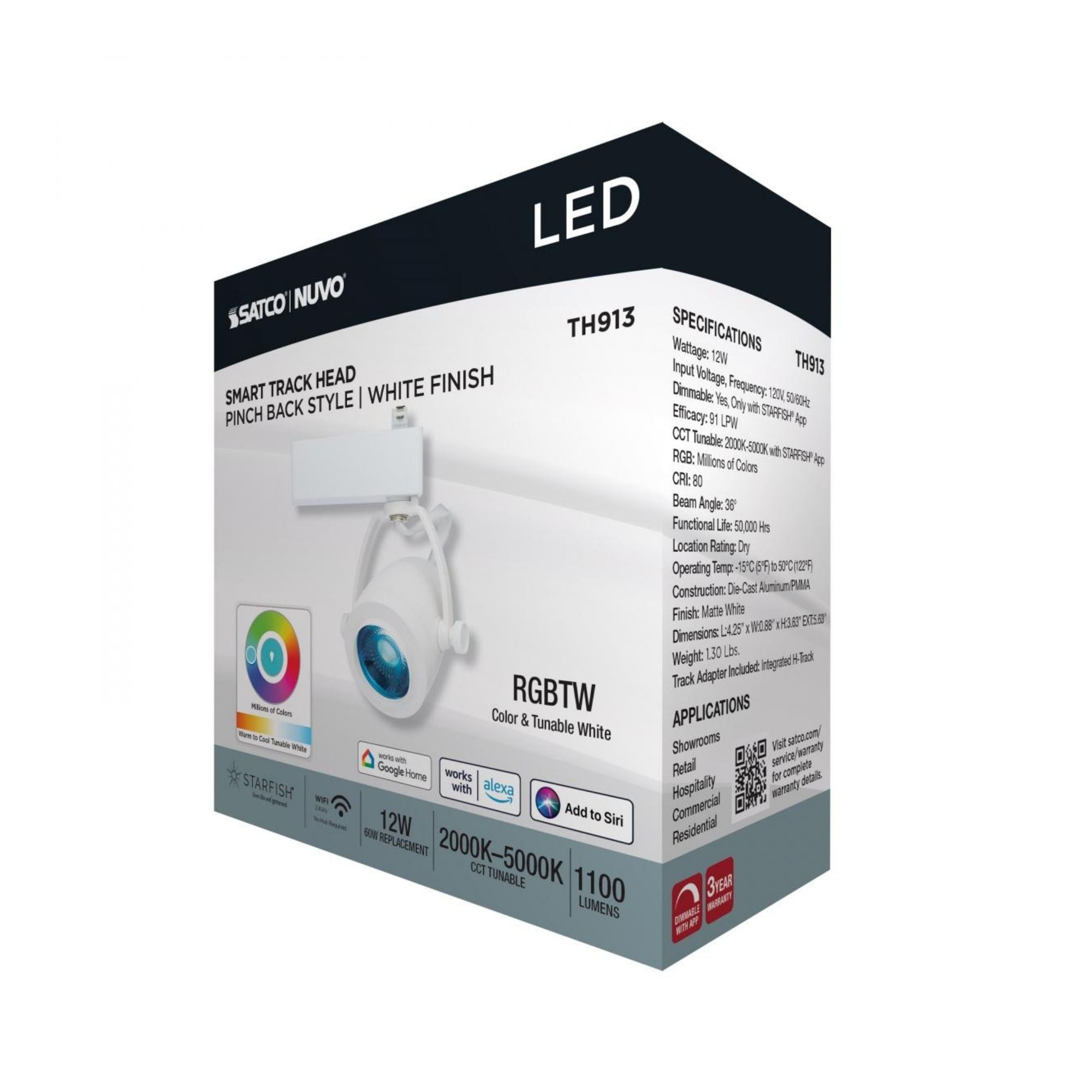 Starfish Smart Pinch Back LED Track Head 12W 1100 Lumens RGBTW, Halo, 36°, White