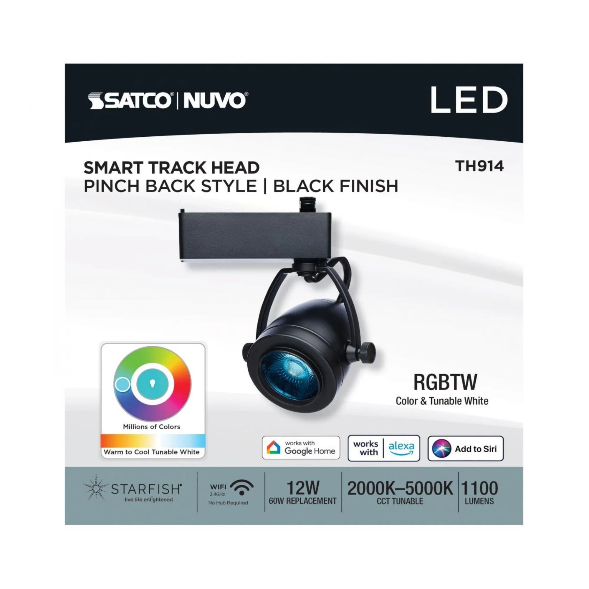 Starfish Smart Pinch Back LED Track Head 12W 1100 Lumens RGBTW, Halo, 36°, Black