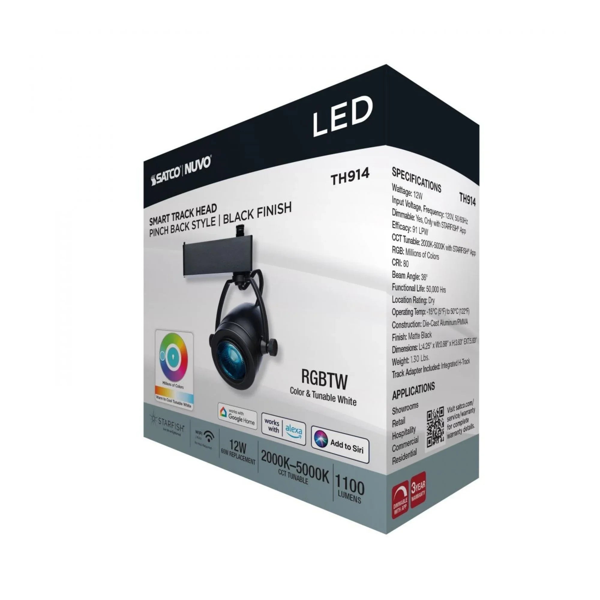 Starfish Smart Pinch Back LED Track Head 12W 1100 Lumens RGBTW, Halo, 36°, Black