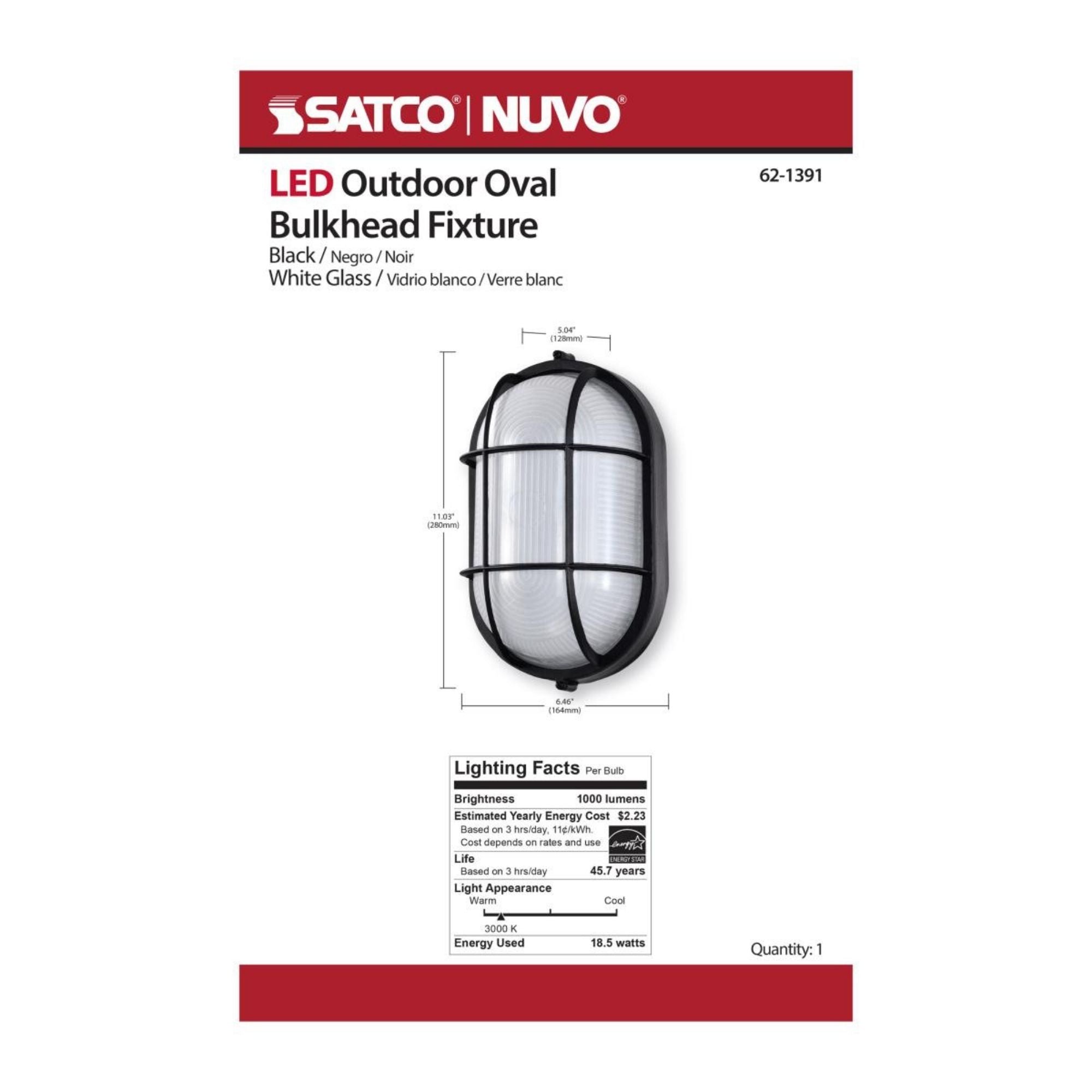11" LED Oval Bulk Head Light, 1000 Lm, 3000K, Black