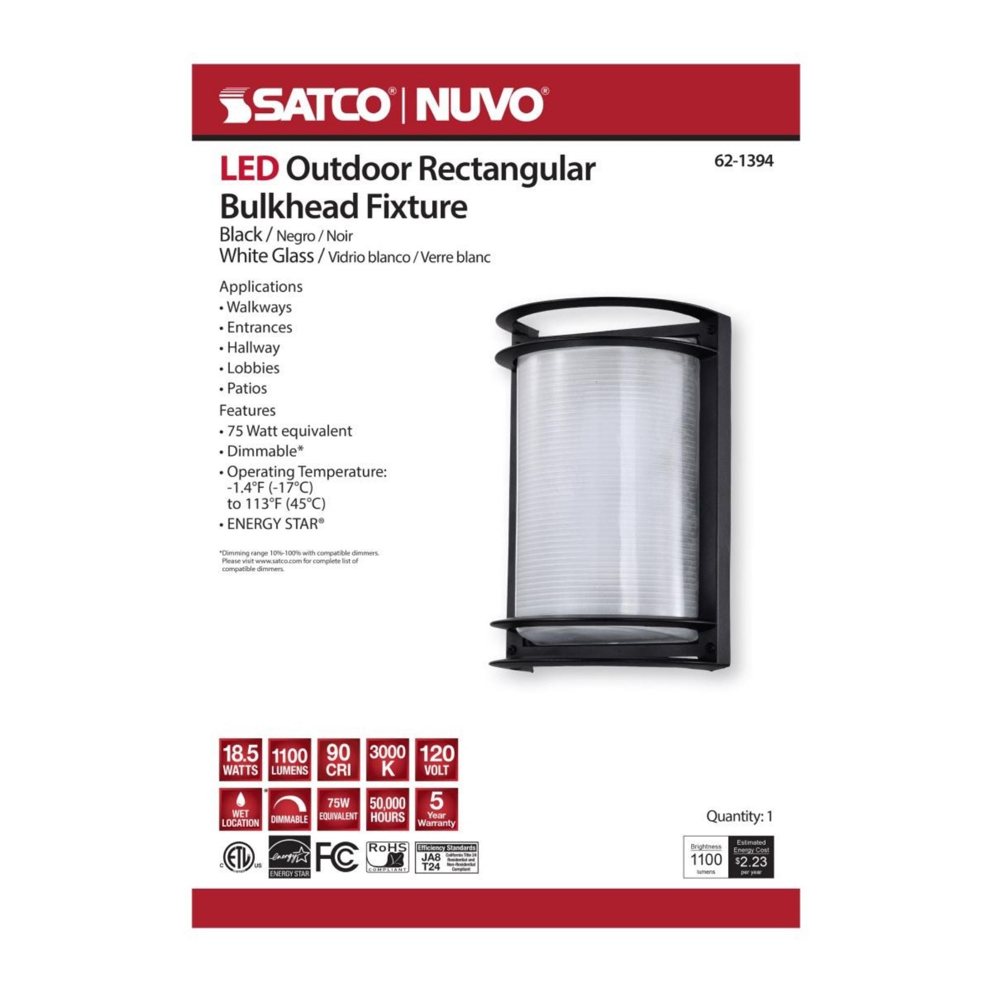 11" LED Rectangular Bulk Head Fixture, 1100 Lm, 3000K, Black