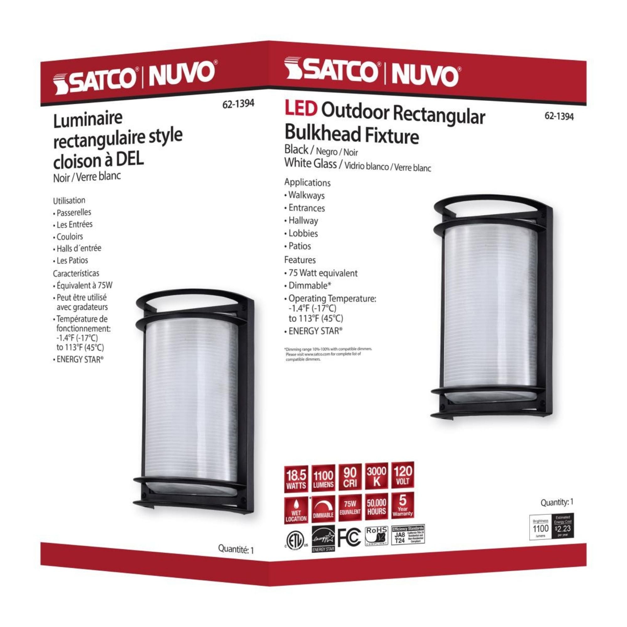 11" LED Rectangular Bulk Head Fixture, 1100 Lm, 3000K, Black