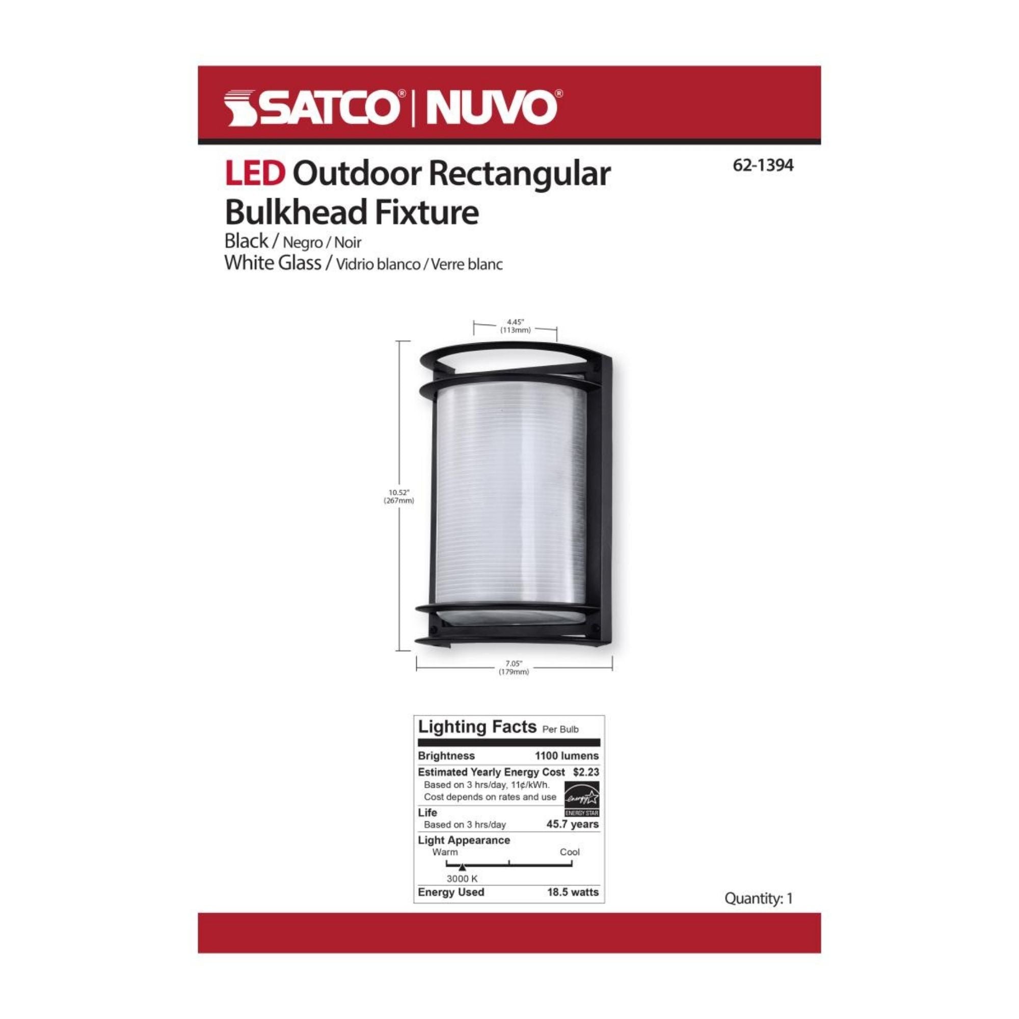 11" LED Rectangular Bulk Head Fixture, 1100 Lm, 3000K, Black