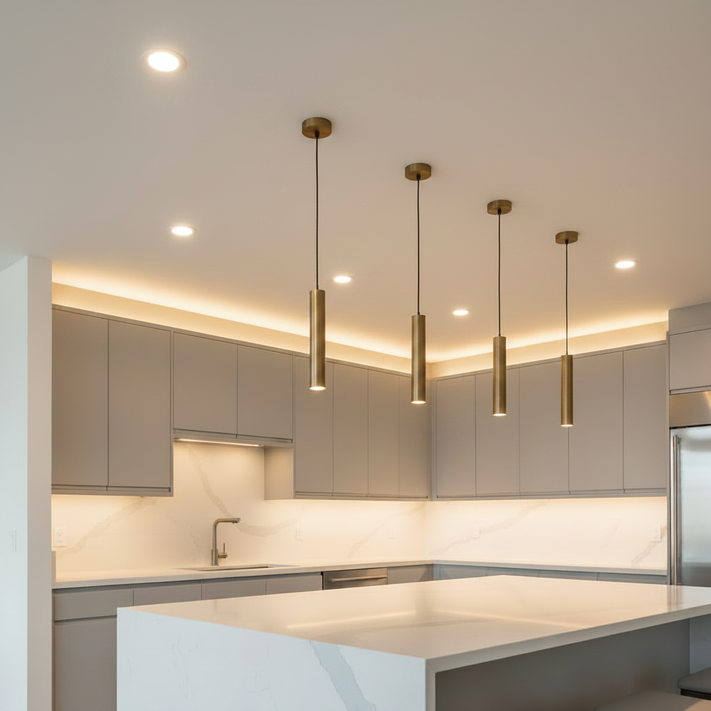 STL-COB 3000K — Lifestyle Kitchen with Cove, Pendants & Recessed Lighting