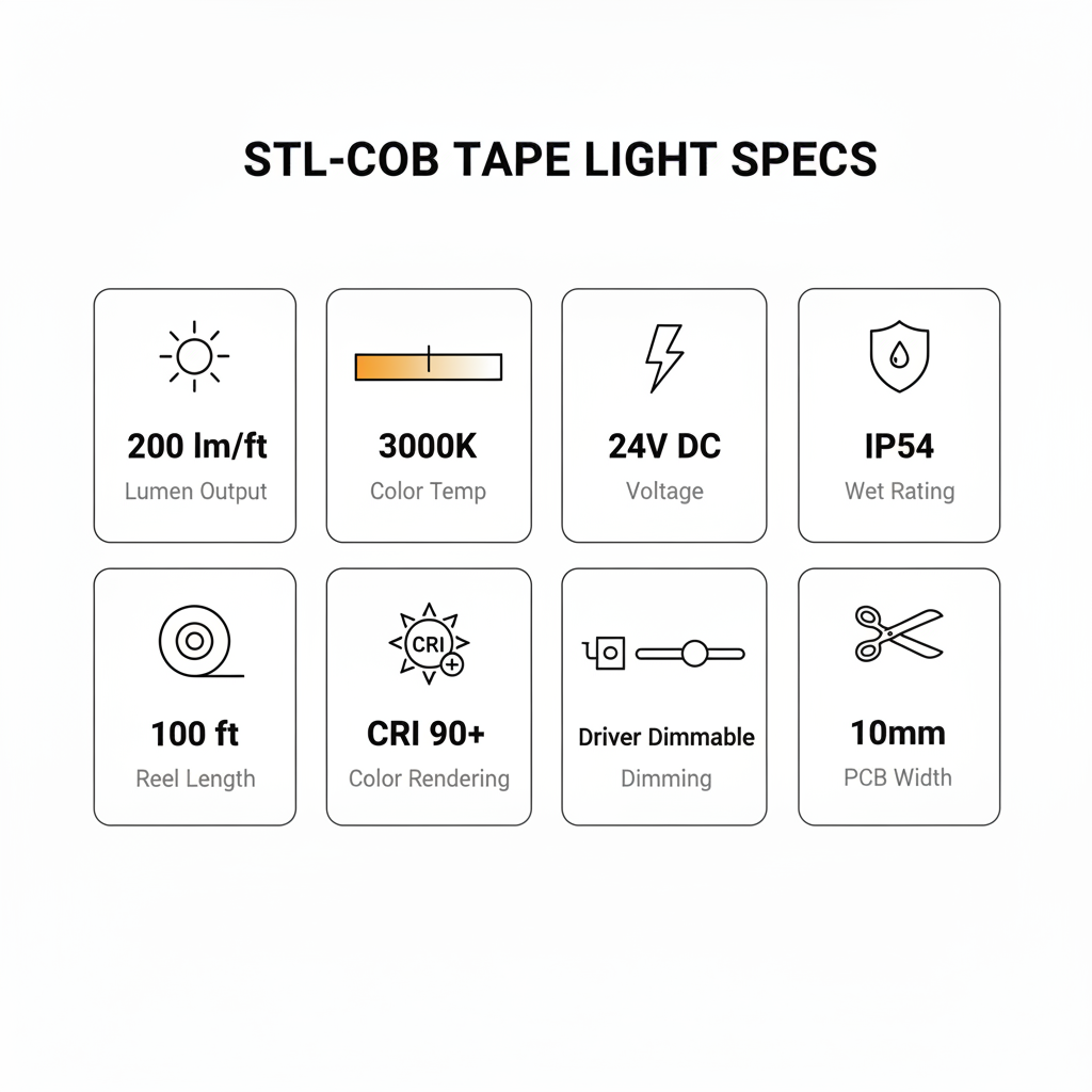 STL-COB 3000K Spec Infographic — 3×3 Grid with PCB Width