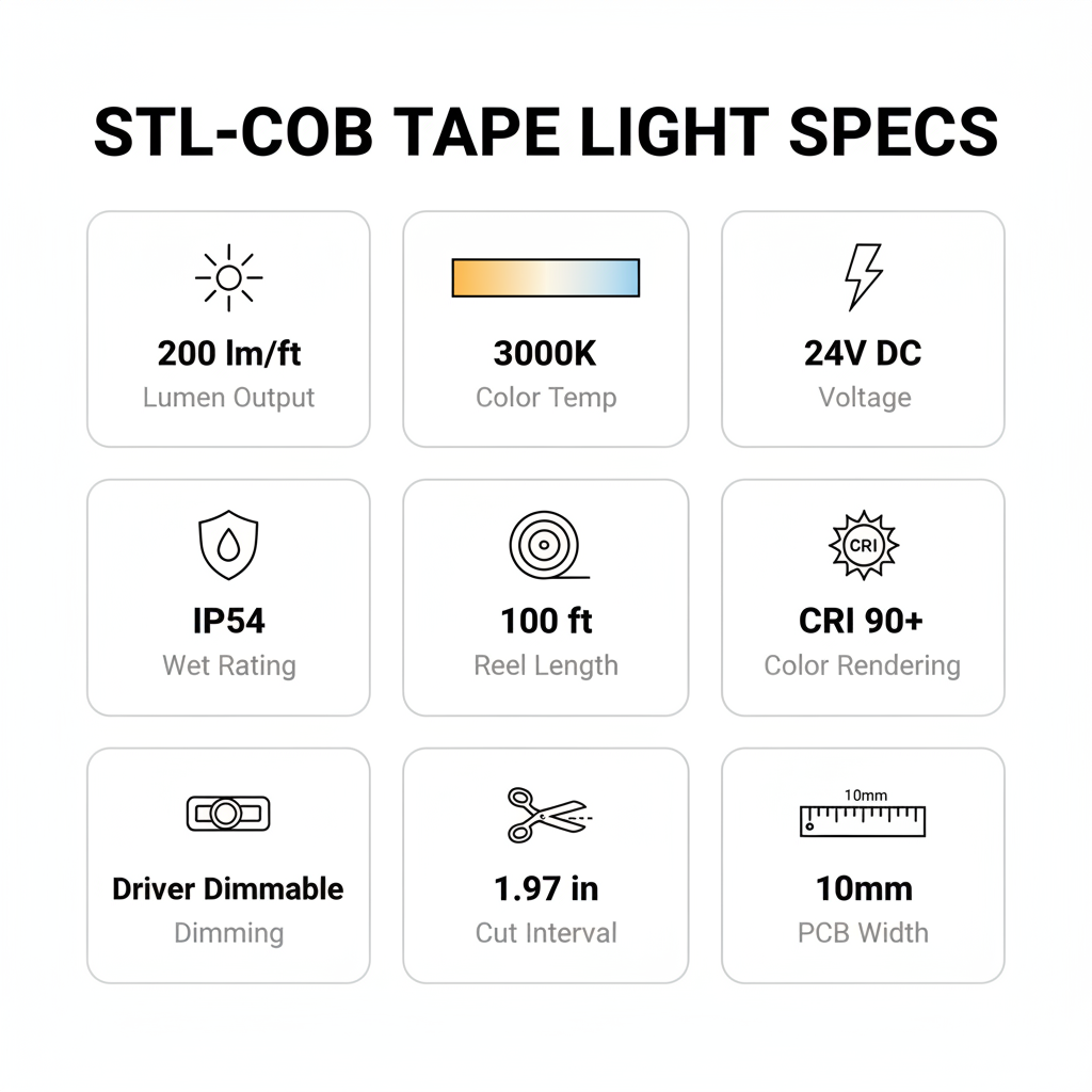 STL-COB 3000K Spec Infographic — 3×3 Grid
