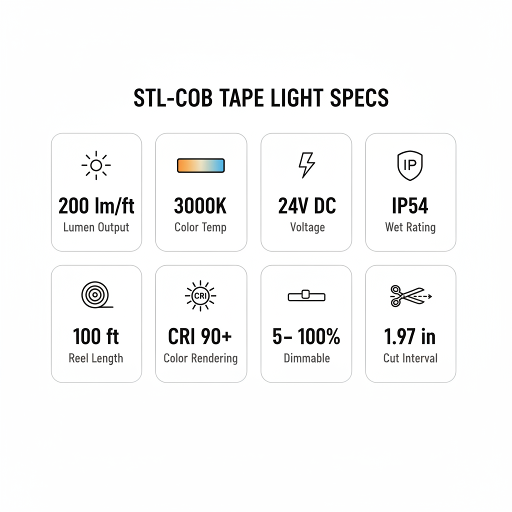 STL-COB 3000K Spec Infographic — 8-Icon Grid