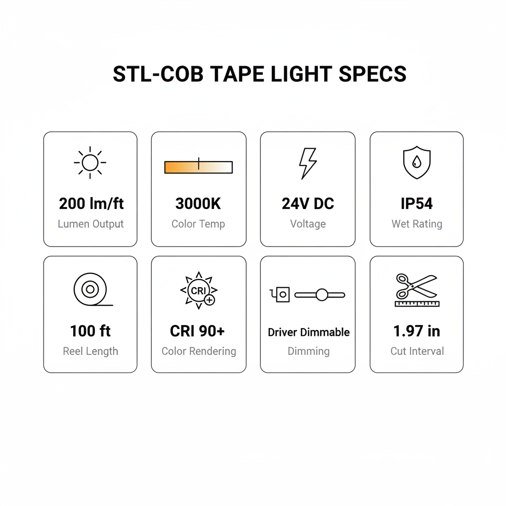 STL-COB 3000K Spec Infographic — Driver Dimmable + Cut Interval