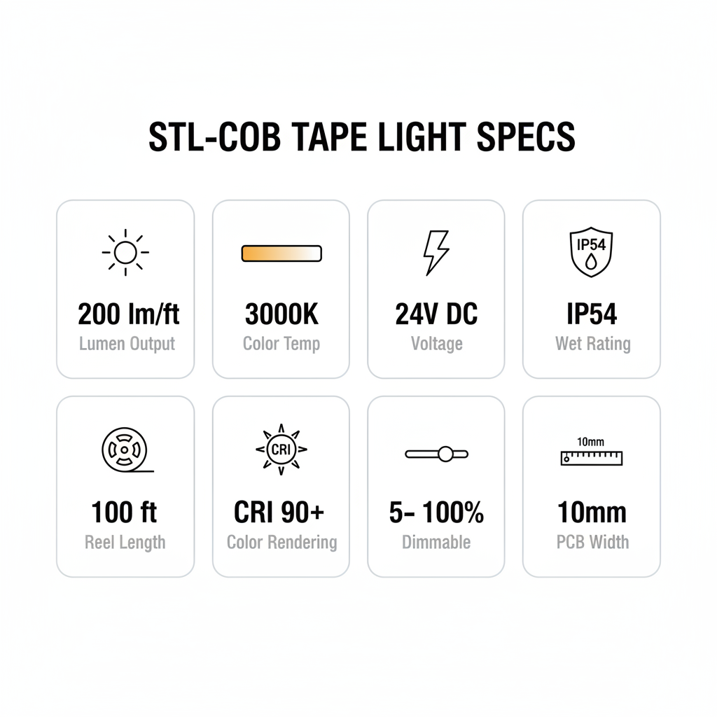 STL-COB 3000K Spec Infographic — with 10mm PCB Width
