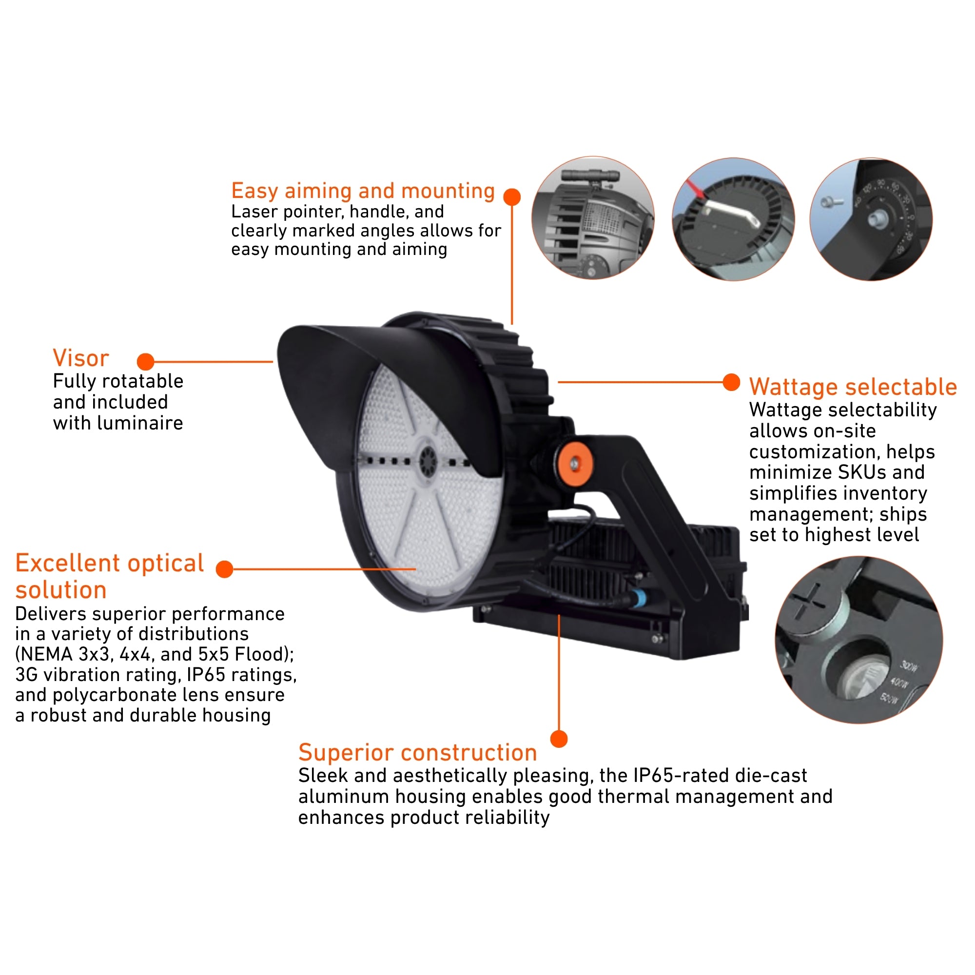 LED Sports Light, 500W, 72500 Lumens, 5000K, 120-277V, Trunnion - Bees Lighting