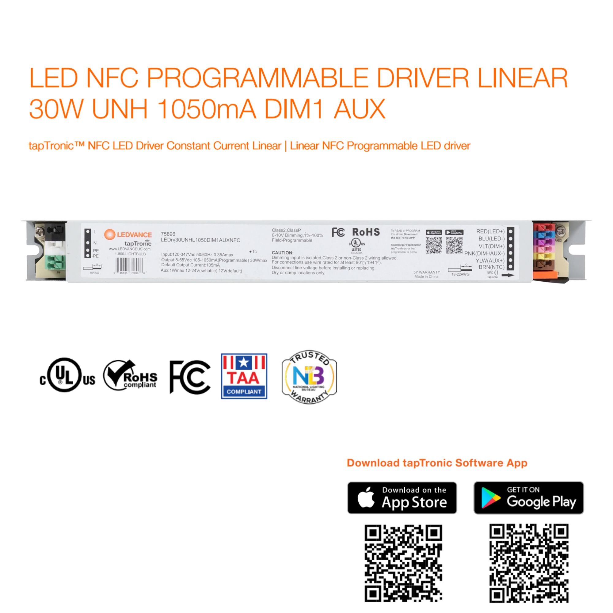 LEDVANCE Sylvania 75896 tapTronic NFC LED Driver 30W Linear 1050mA Programmable 0-10V